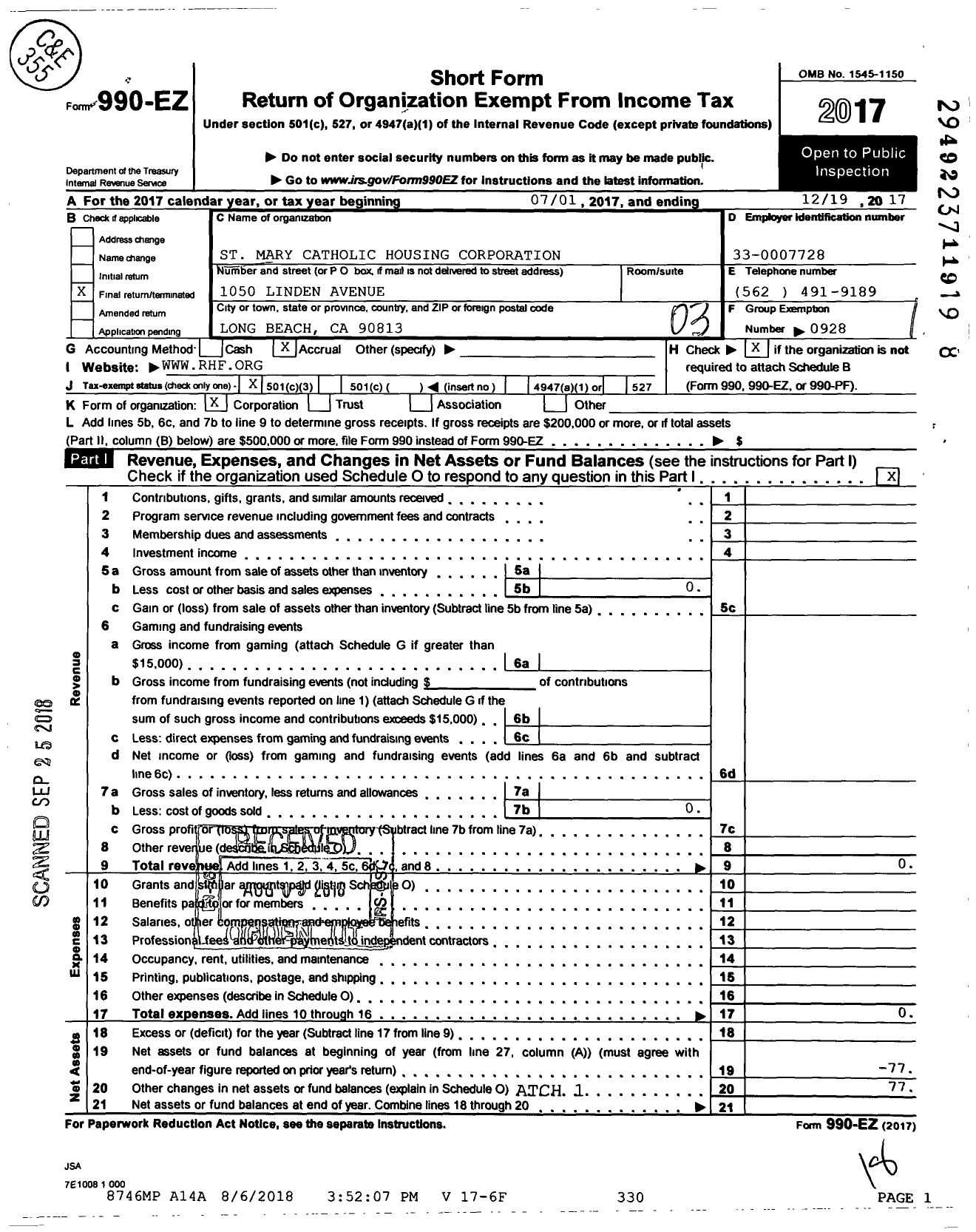 Image of first page of 2017 Form 990EZ for St Mary Catholic Housing Corporation
