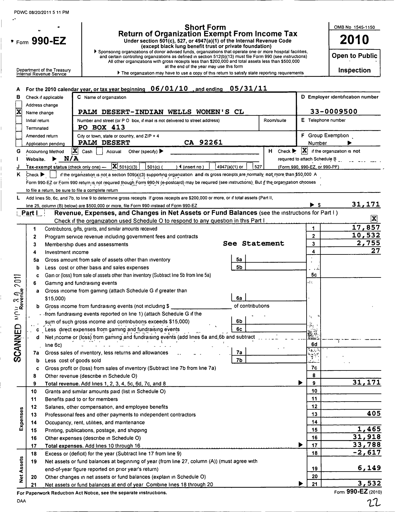 Image of first page of 2010 Form 990EZ for Palm Desert-Indian Wells Womens Club