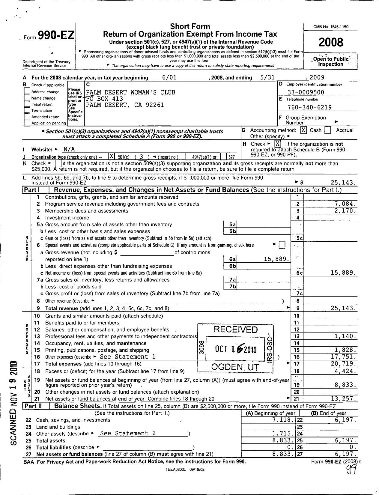 Image of first page of 2008 Form 990EZ for Palm Desert-Indian Wells Womens Club