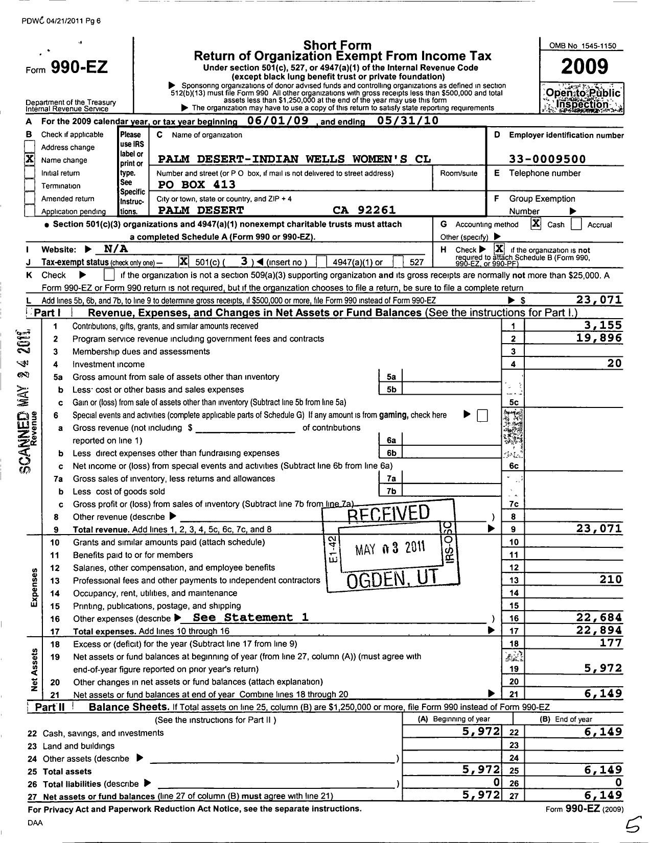 Image of first page of 2009 Form 990EZ for Palm Desert-Indian Wells Womens Club