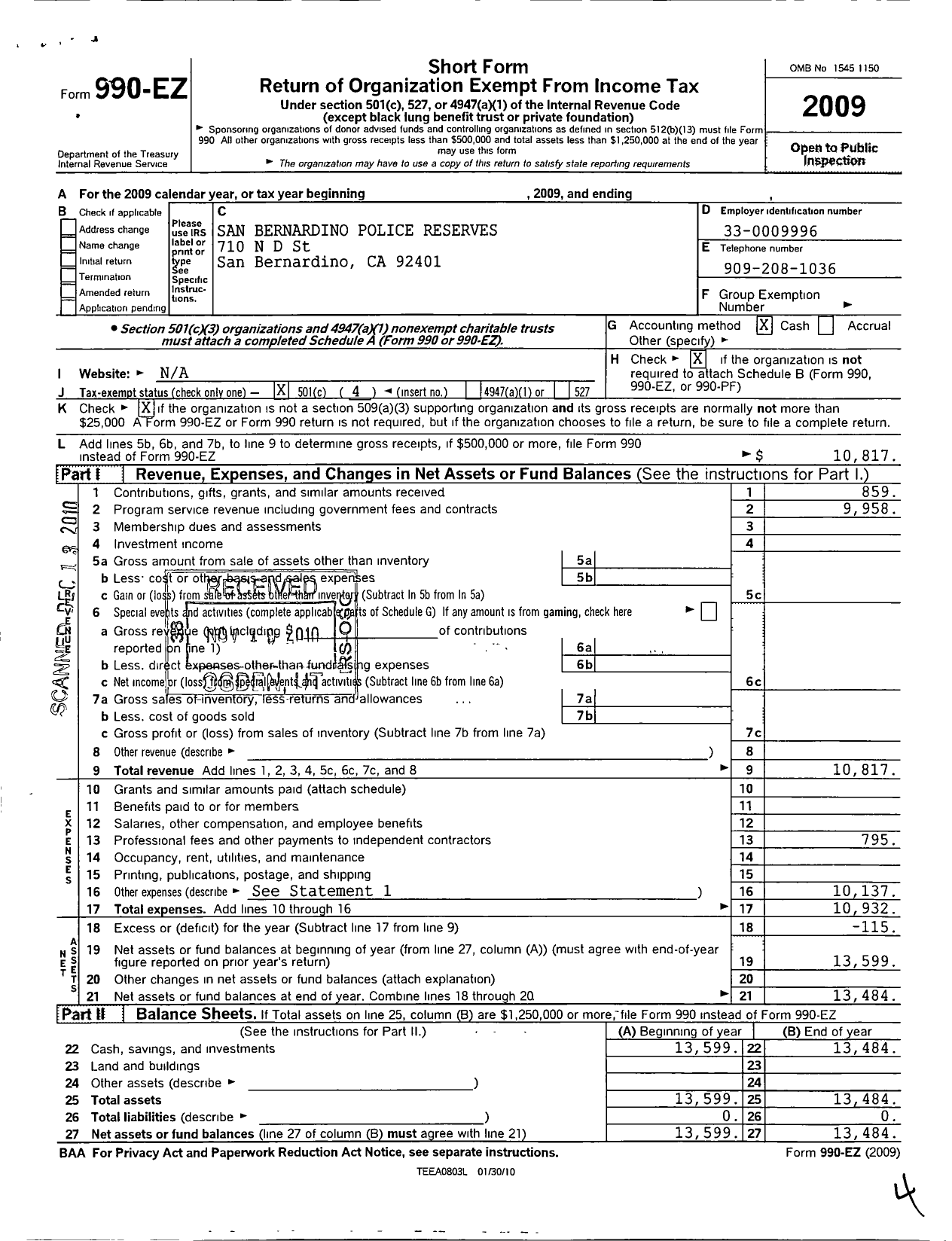 Image of first page of 2009 Form 990EO for San Bernardino Police Reserves