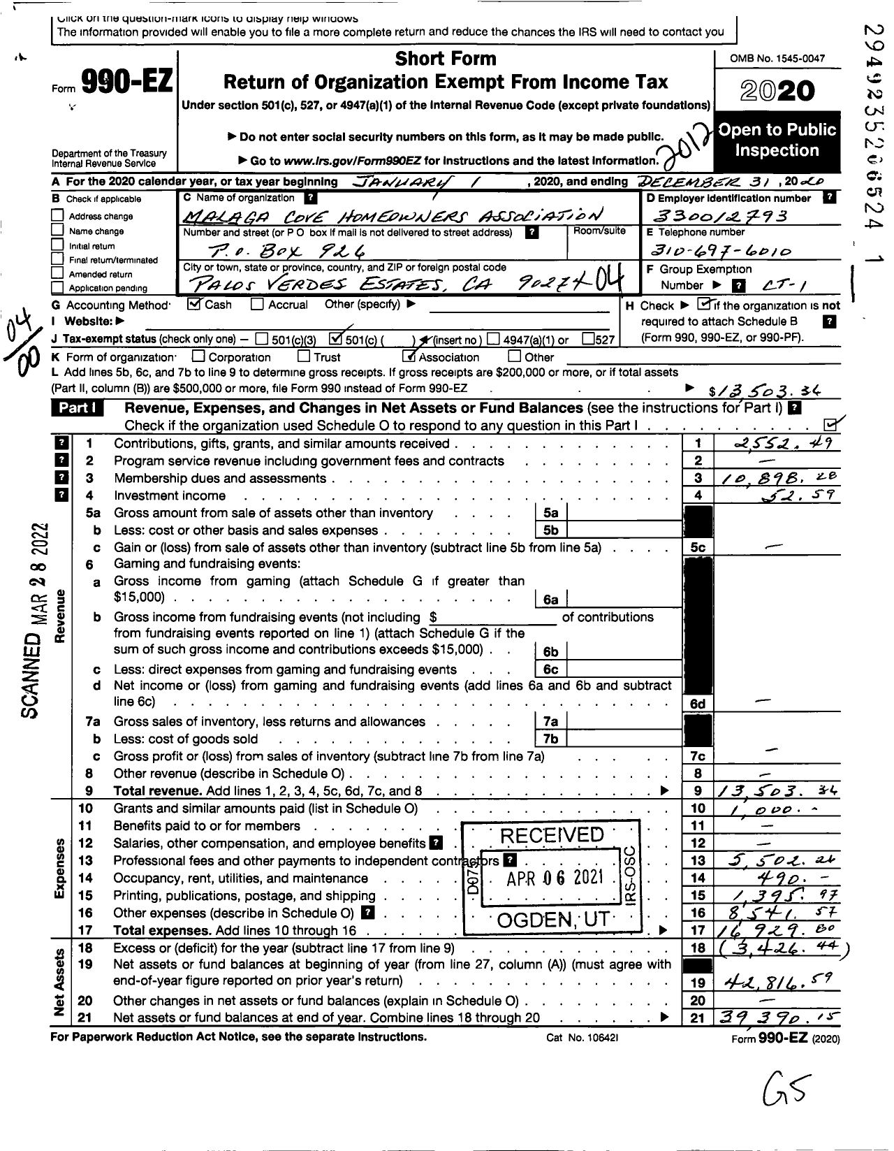 Image of first page of 2020 Form 990EO for Malaga Cove Homeowners Association