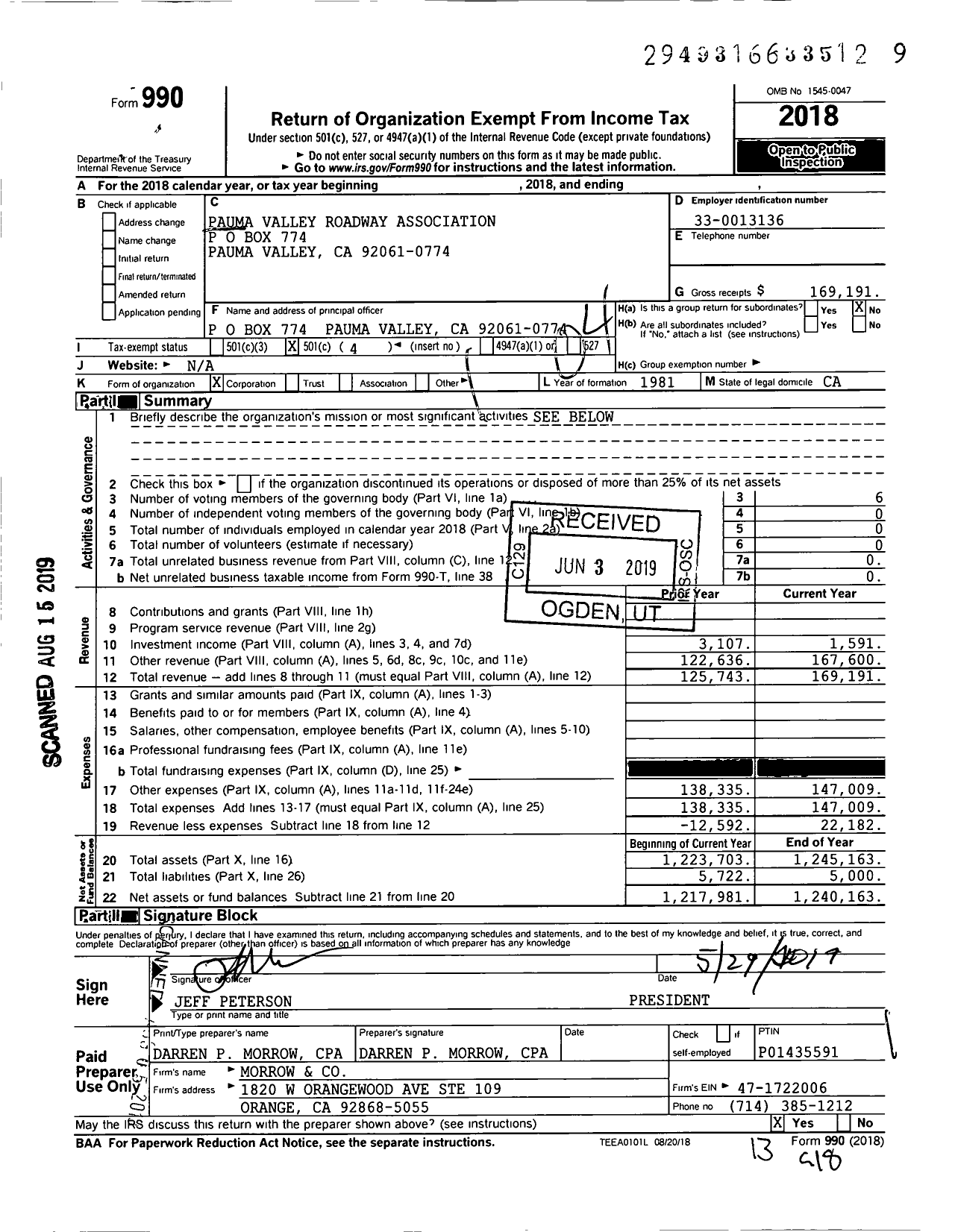 Image of first page of 2018 Form 990O for Pauma Valley Roadway Association