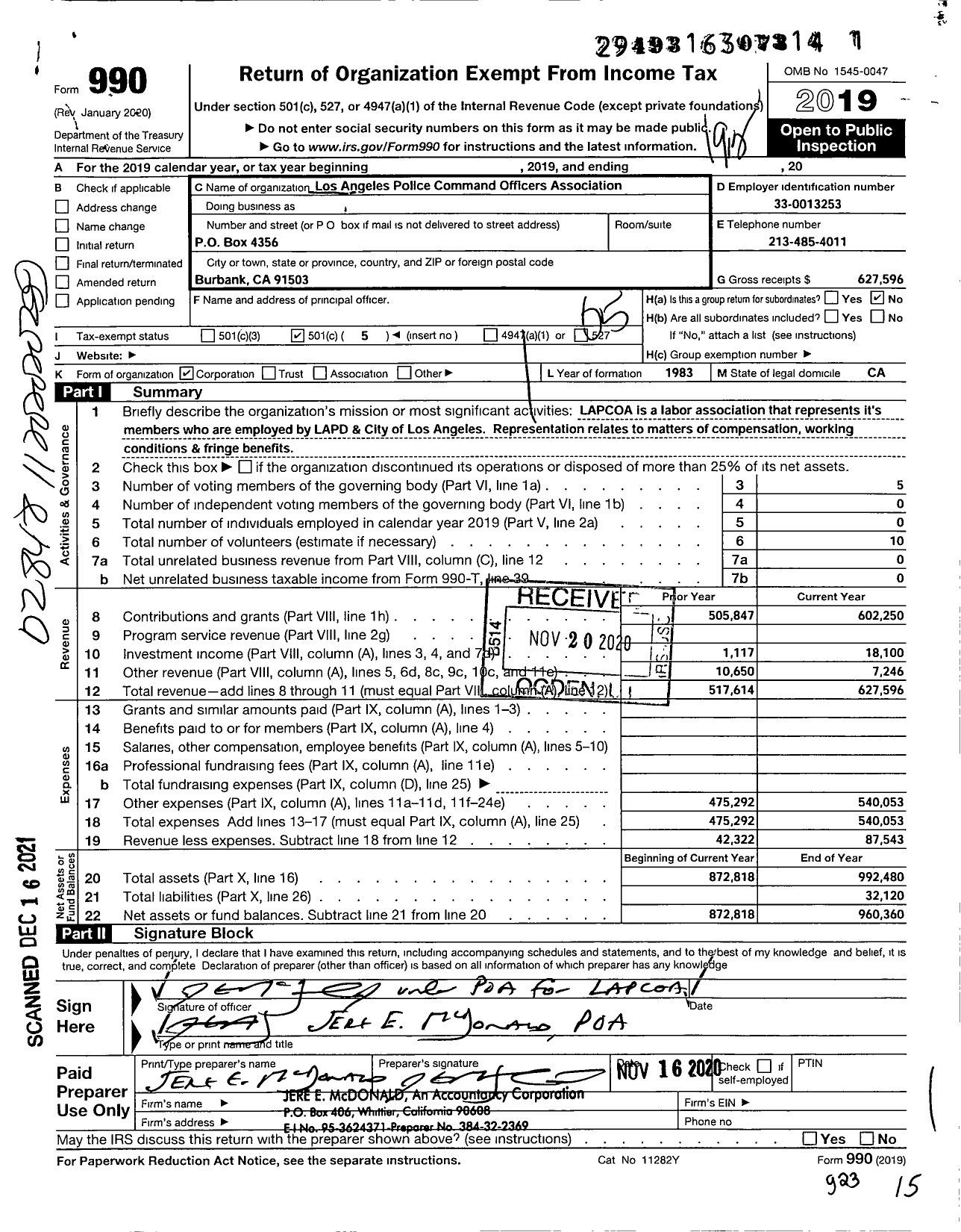 Image of first page of 2019 Form 990O for Los Angeles Police Command Officers Association