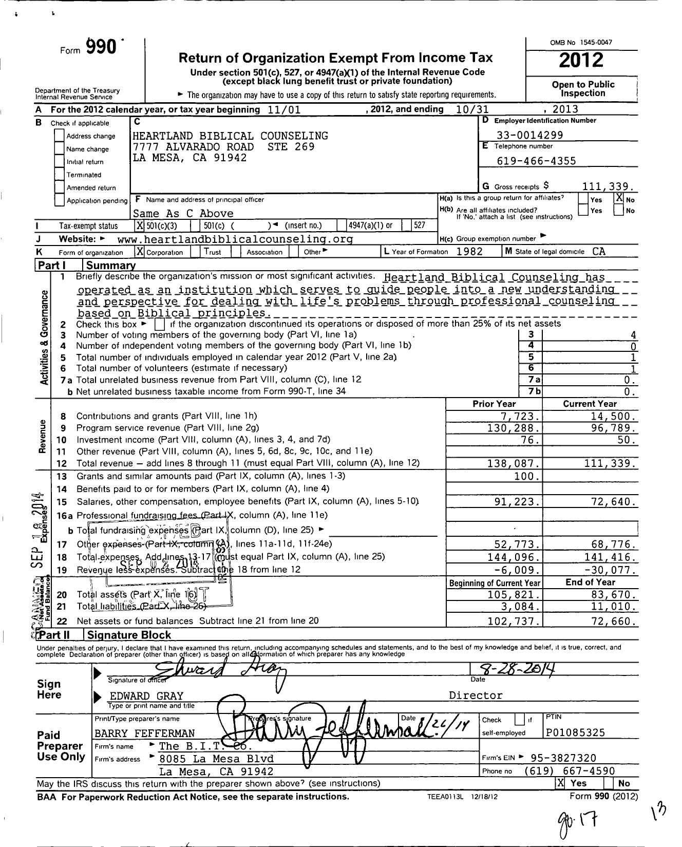 Image of first page of 2012 Form 990 for Heartland Biblical Counseling