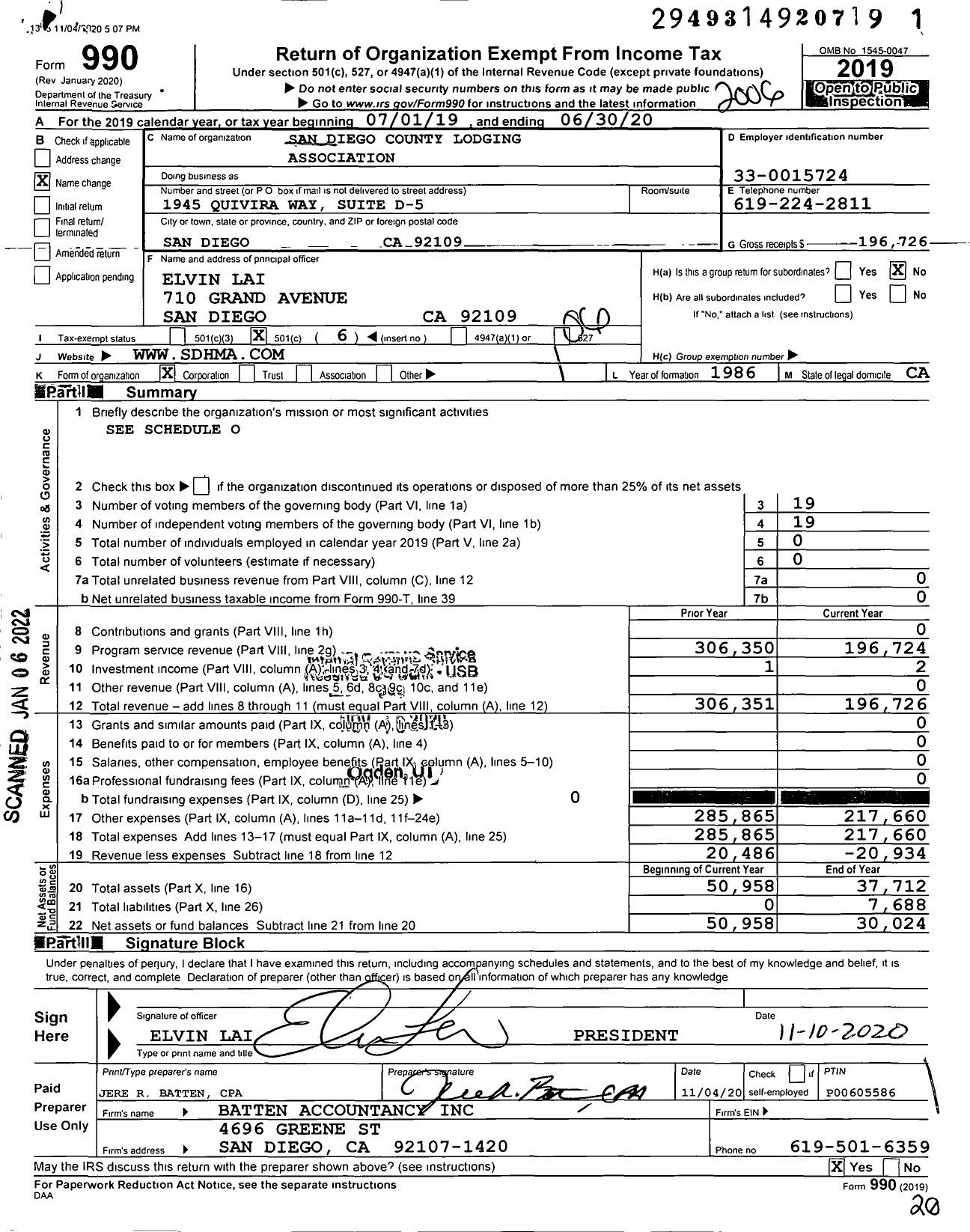 Image of first page of 2019 Form 990O for San Diego County Lodging Association