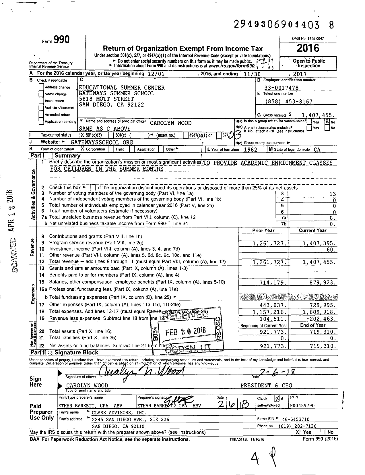 Image of first page of 2016 Form 990 for Educational Summer Center Gateways Summer School