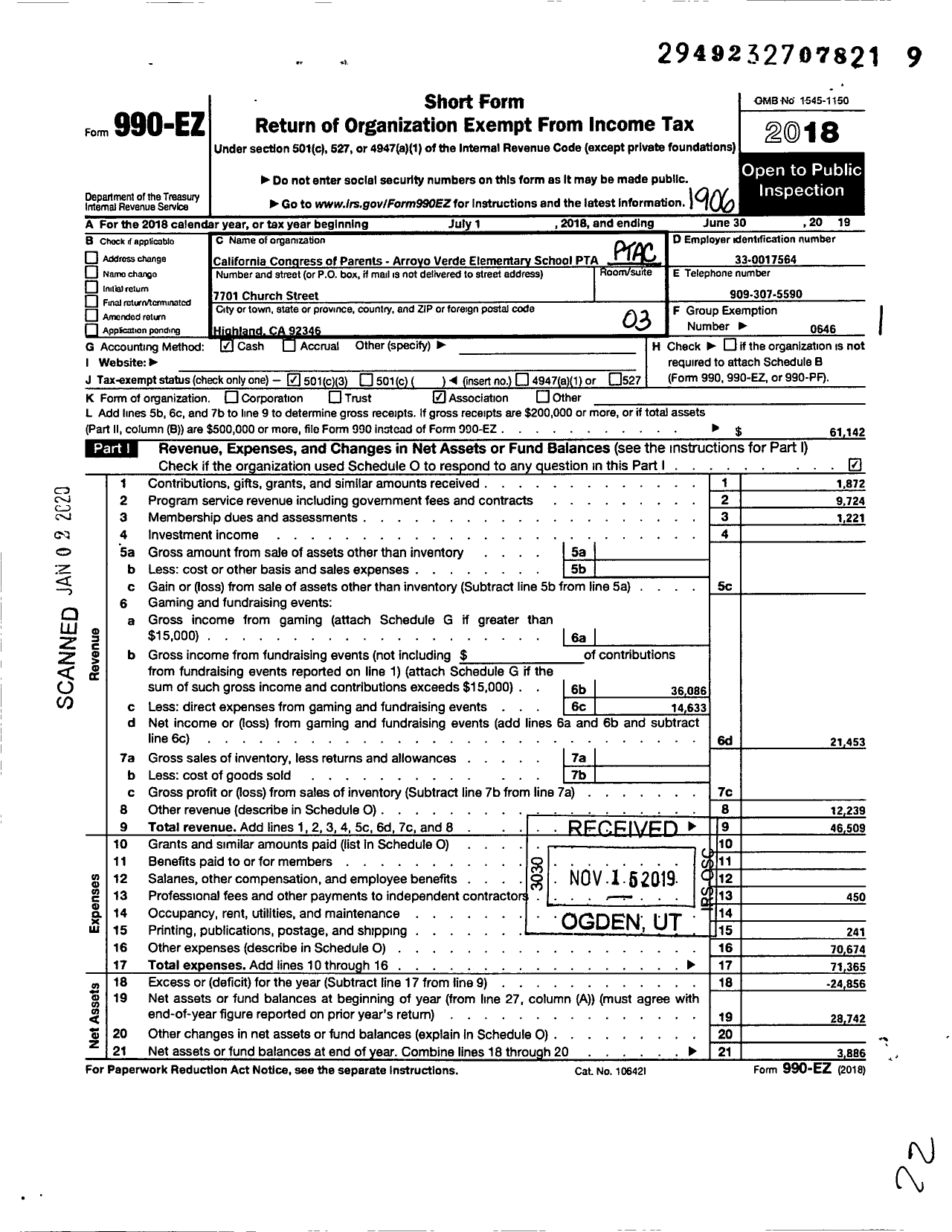 Image of first page of 2018 Form 990EZ for California State PTA - Arroyo Verde Elementary PTA