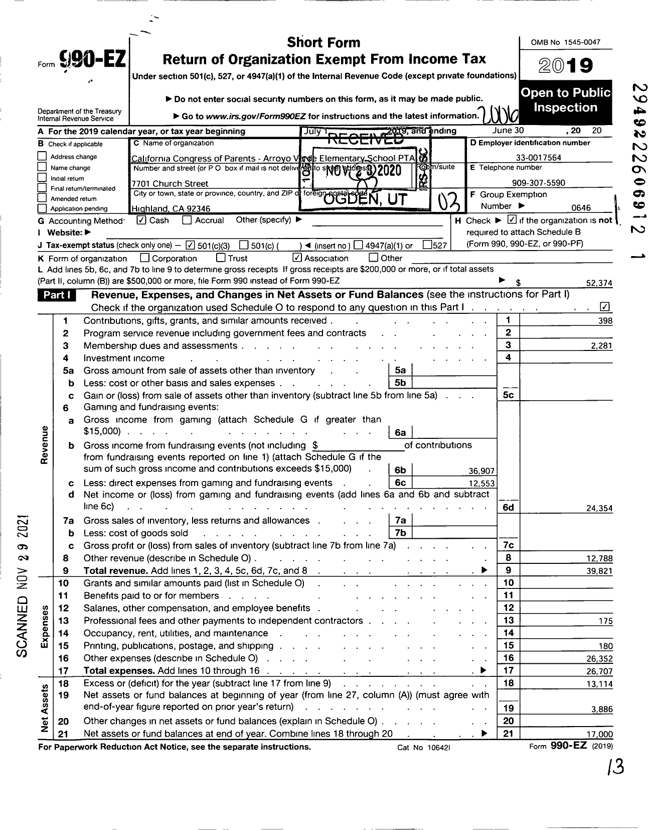 Image of first page of 2019 Form 990EZ for California State PTA - Arroyo Verde Elementary PTA