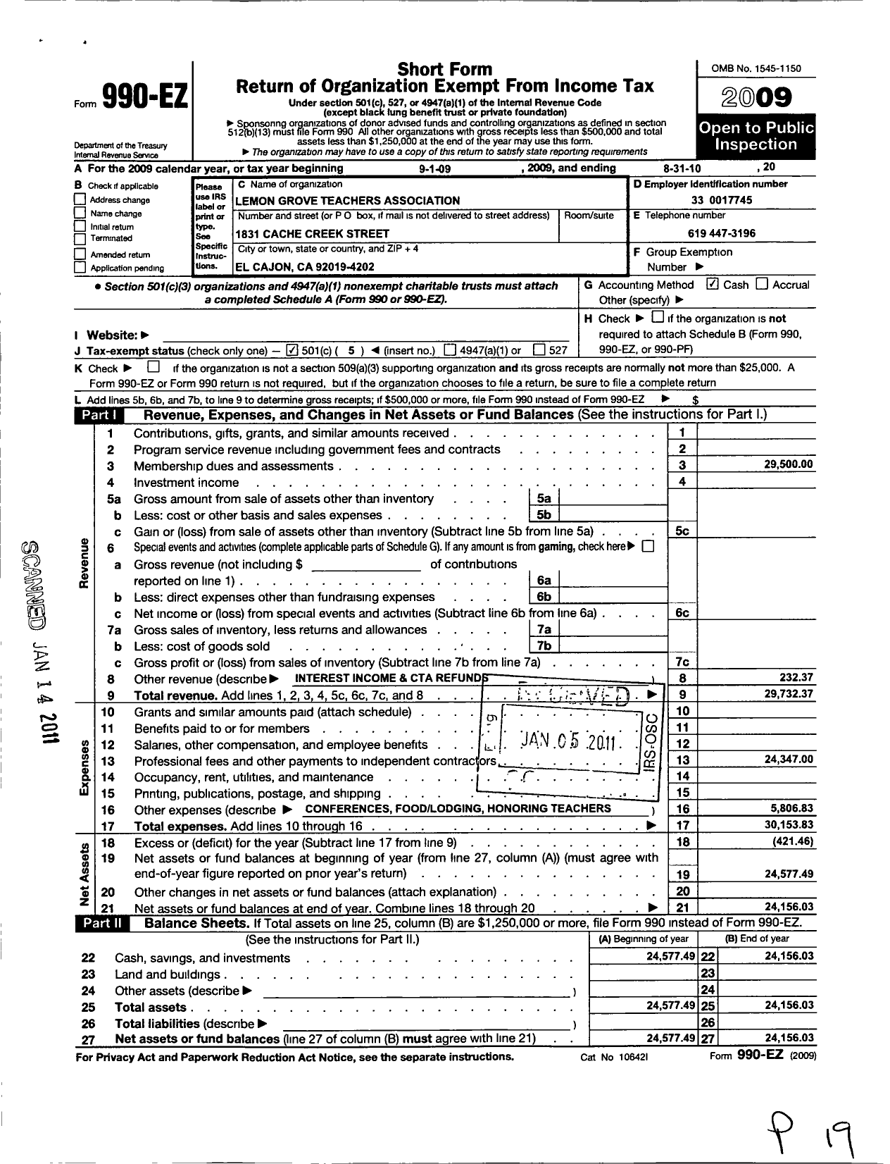 Image of first page of 2009 Form 990EO for California Teachers Association - Lemon Grove Teachers Assoc