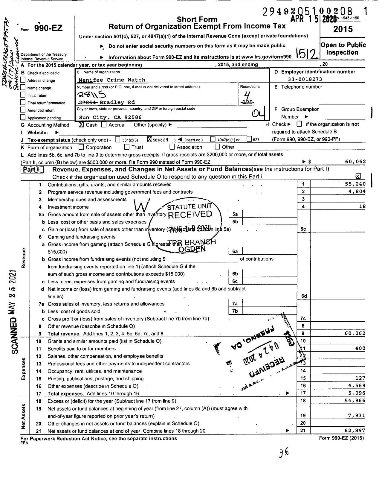 Image of first page of 2015 Form 990EO for Menifee Crime Watch