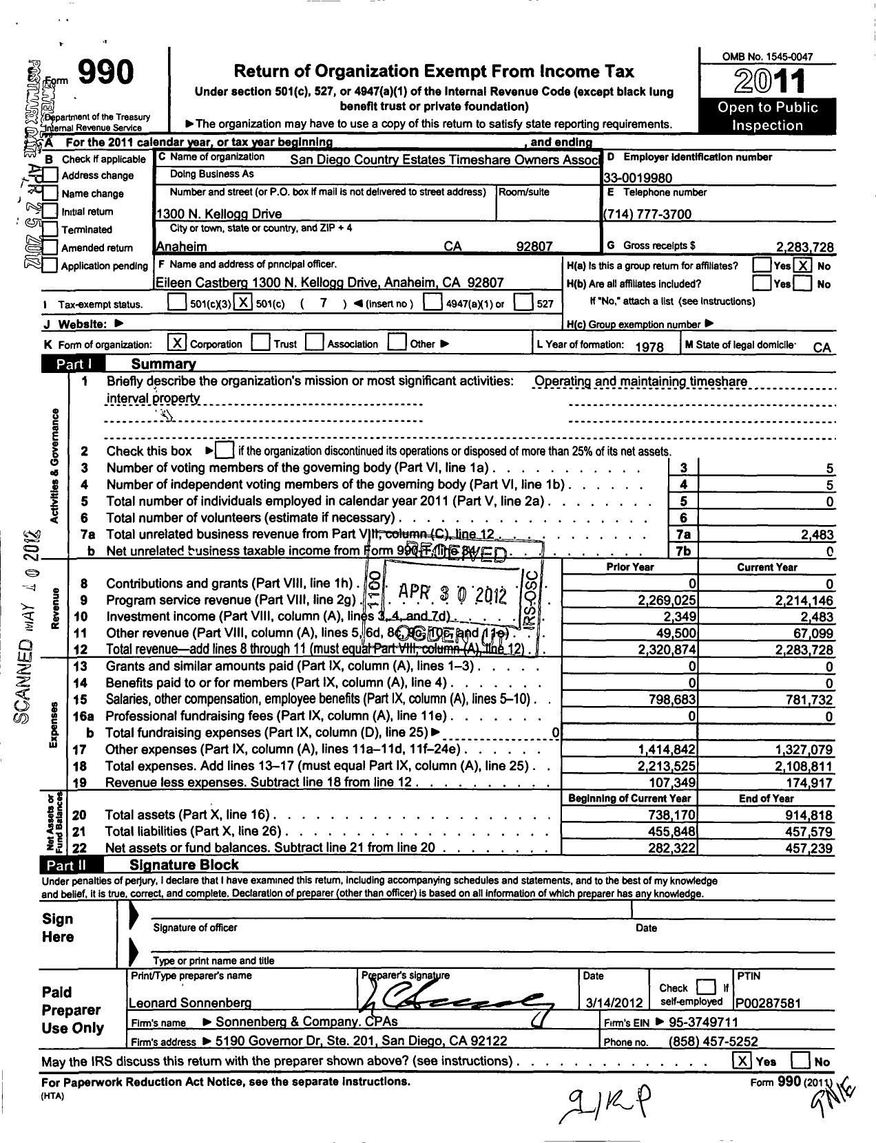 Image of first page of 2011 Form 990O for San Diego Country Estates Timeshare Owners Association