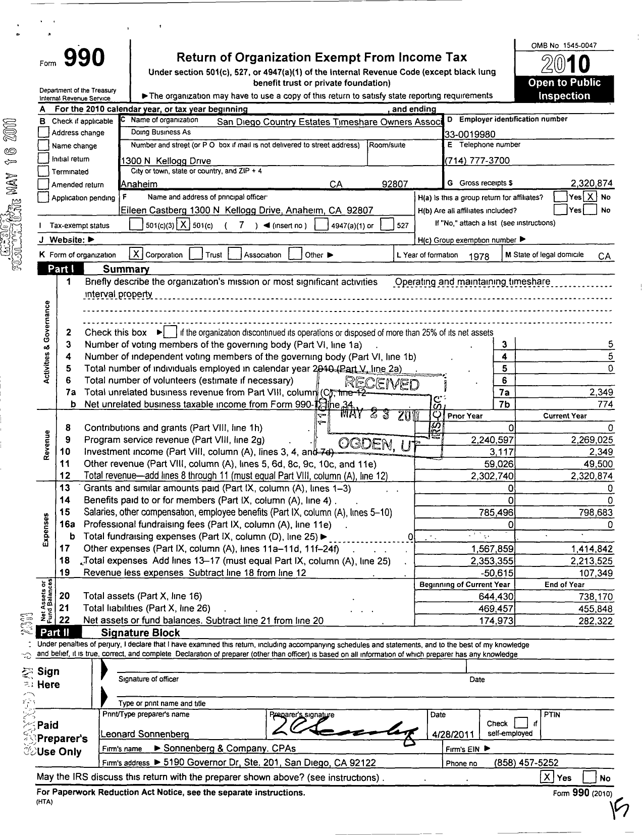 Image of first page of 2010 Form 990O for San Diego Country Estates Timeshare Owners Association