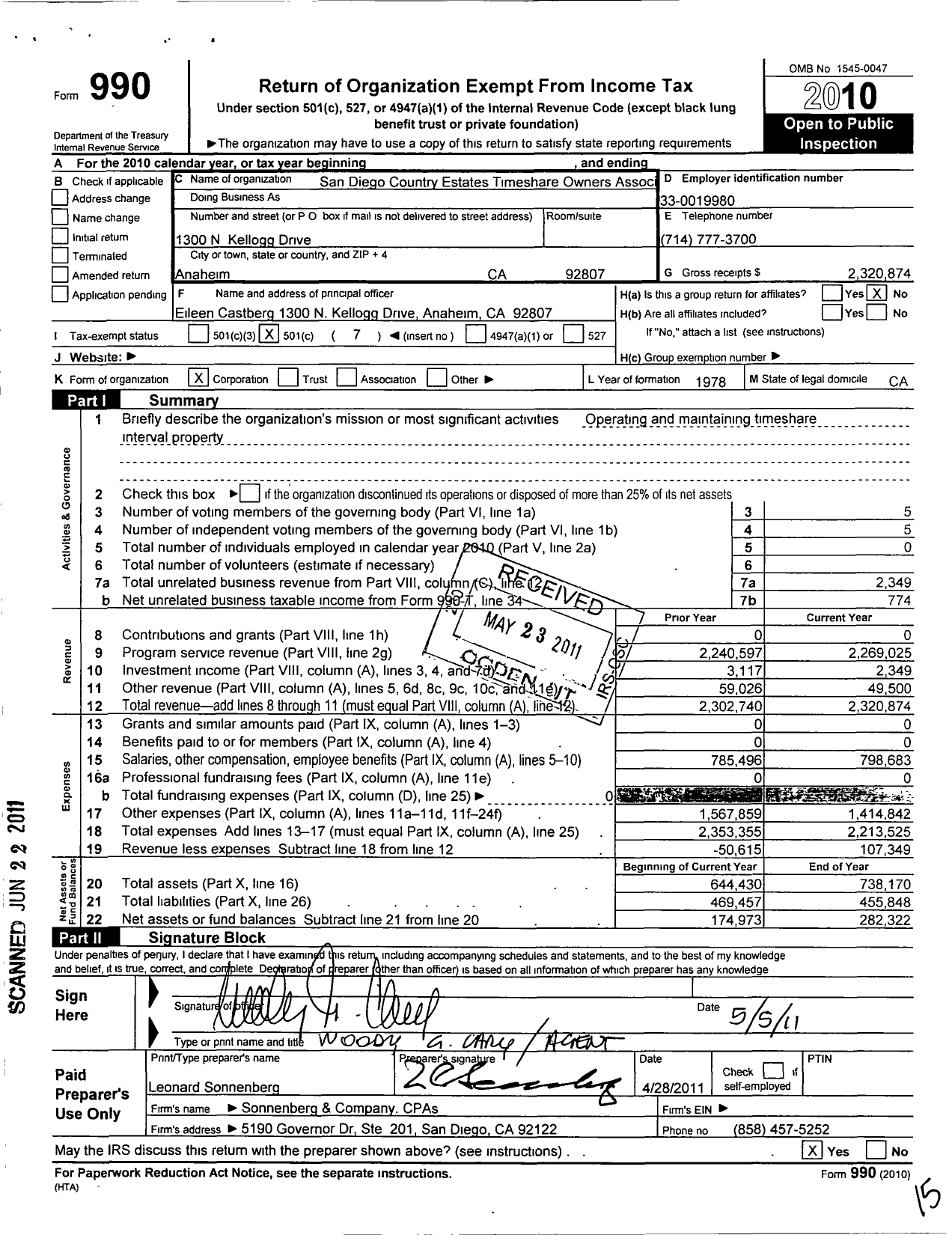 Image of first page of 2010 Form 990O for San Diego Country Estates Timeshare Owners Association