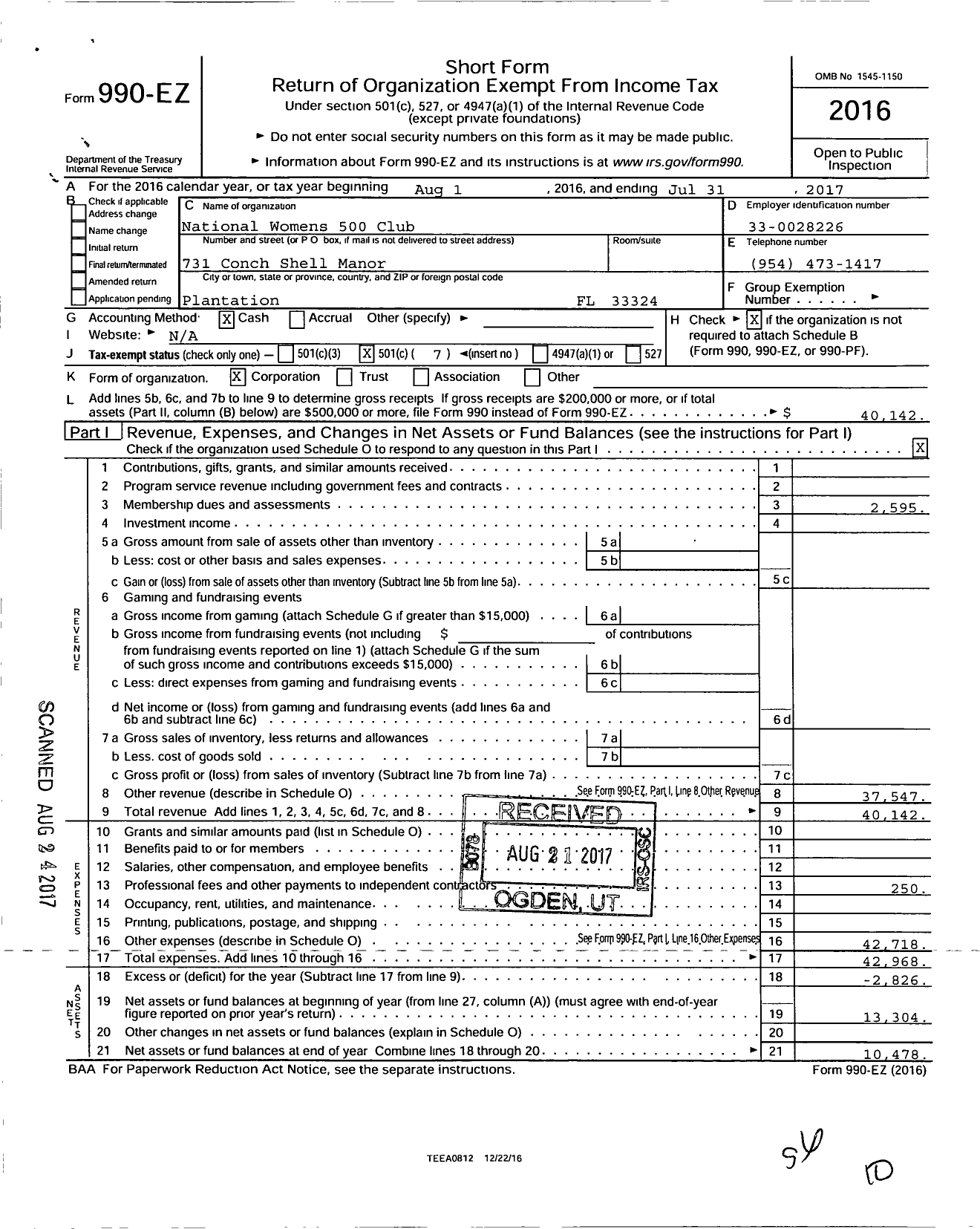 Image of first page of 2016 Form 990EO for National Womens 500 Club