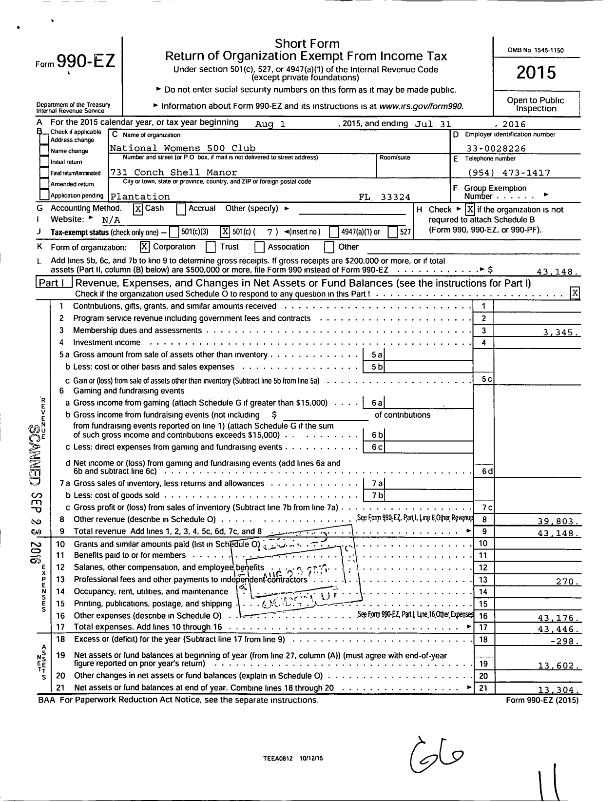 Image of first page of 2015 Form 990EO for National Womens 500 Club