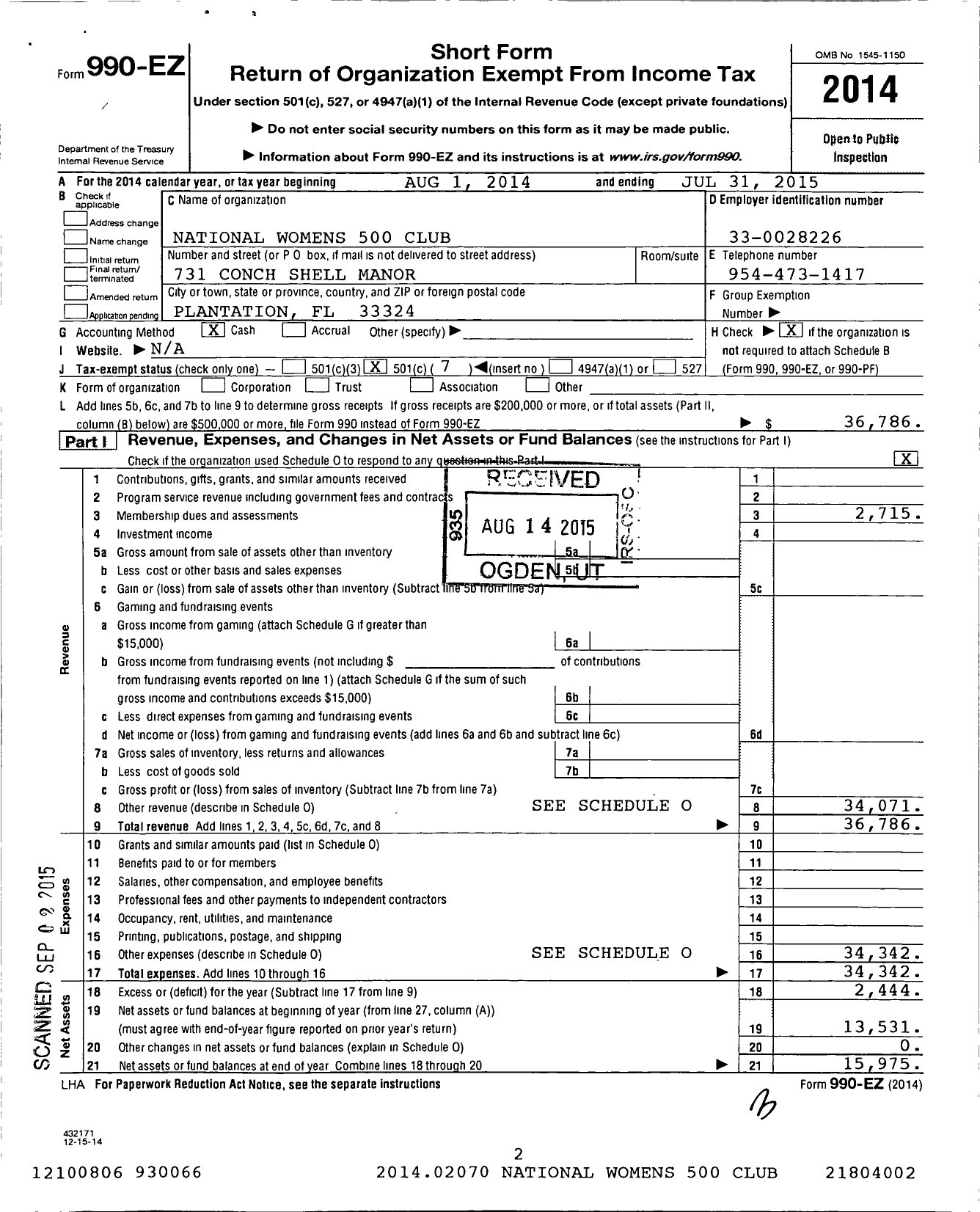 Image of first page of 2014 Form 990EO for National Womens 500 Club