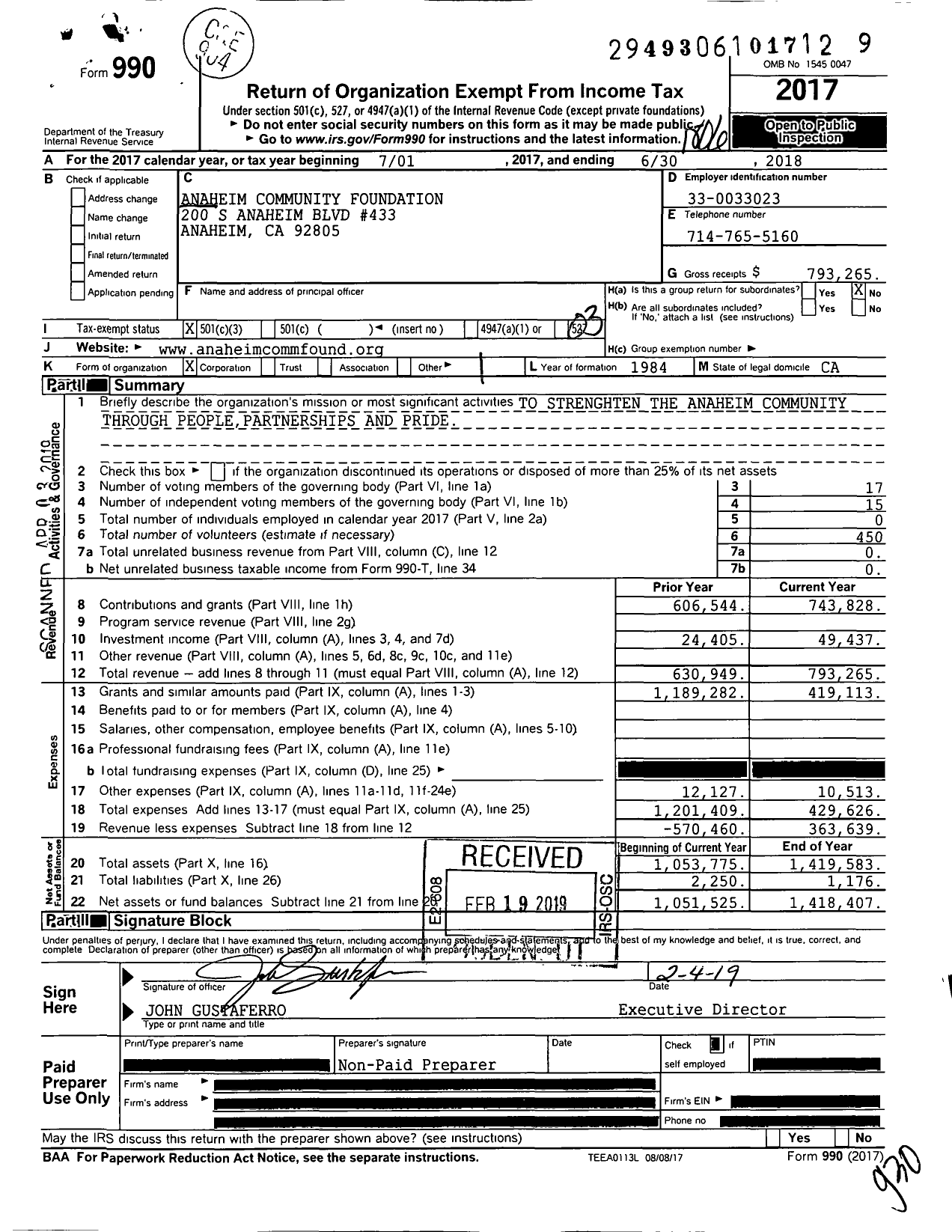 Image of first page of 2017 Form 990 for Anaheim Community Foundation