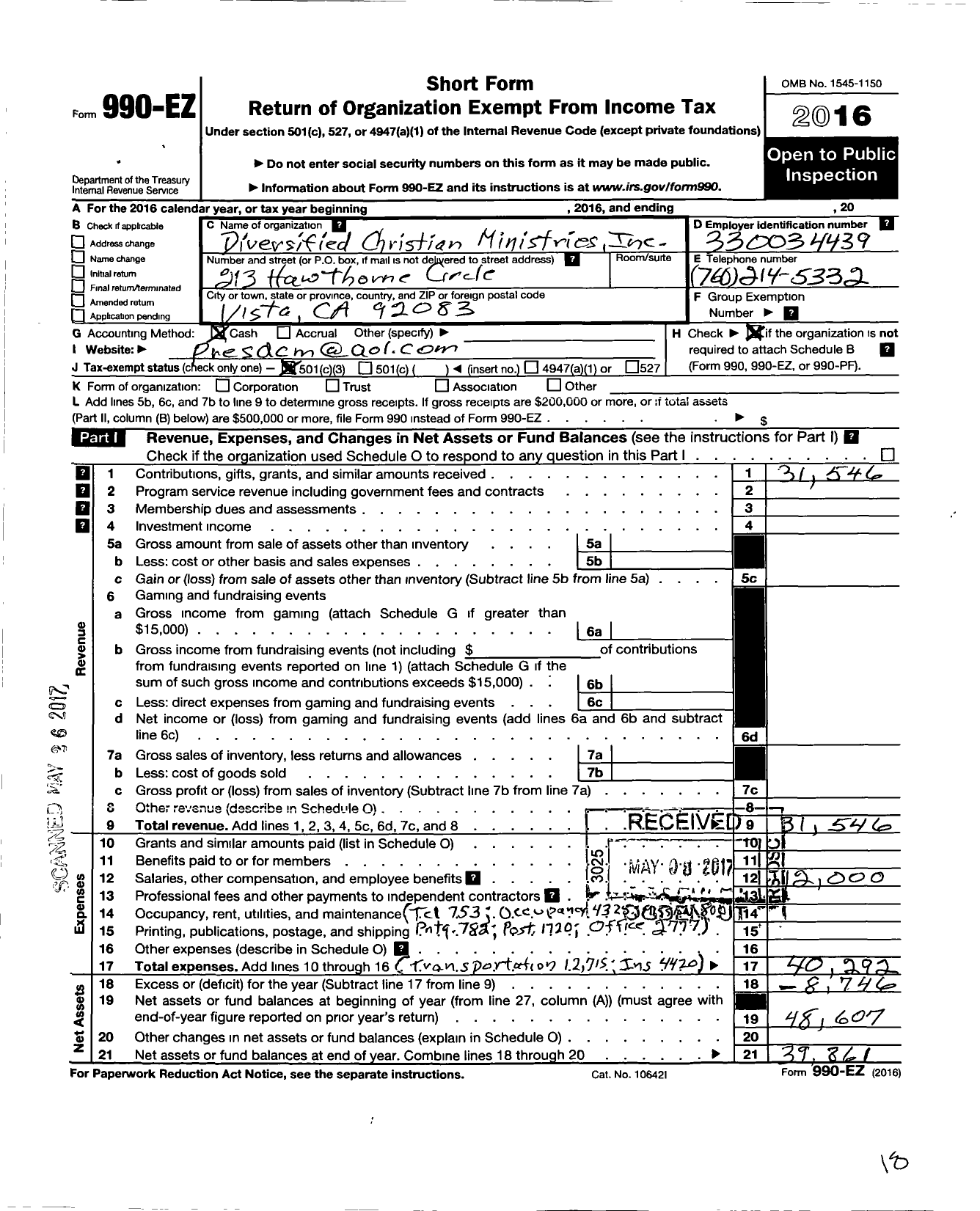 Image of first page of 2016 Form 990EZ for Diversified Christian Ministries