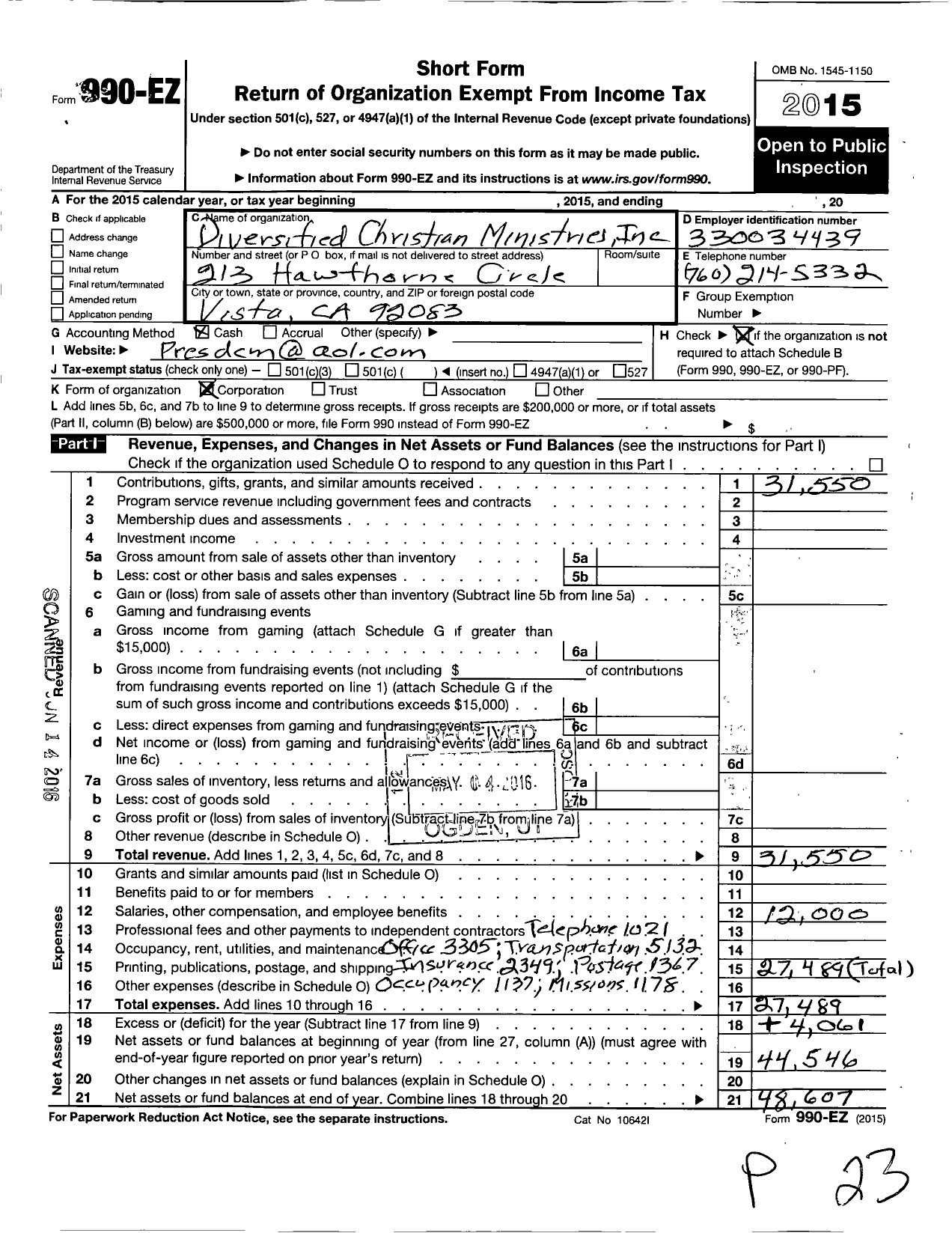 Image of first page of 2015 Form 990EO for Diversified Christian Ministries