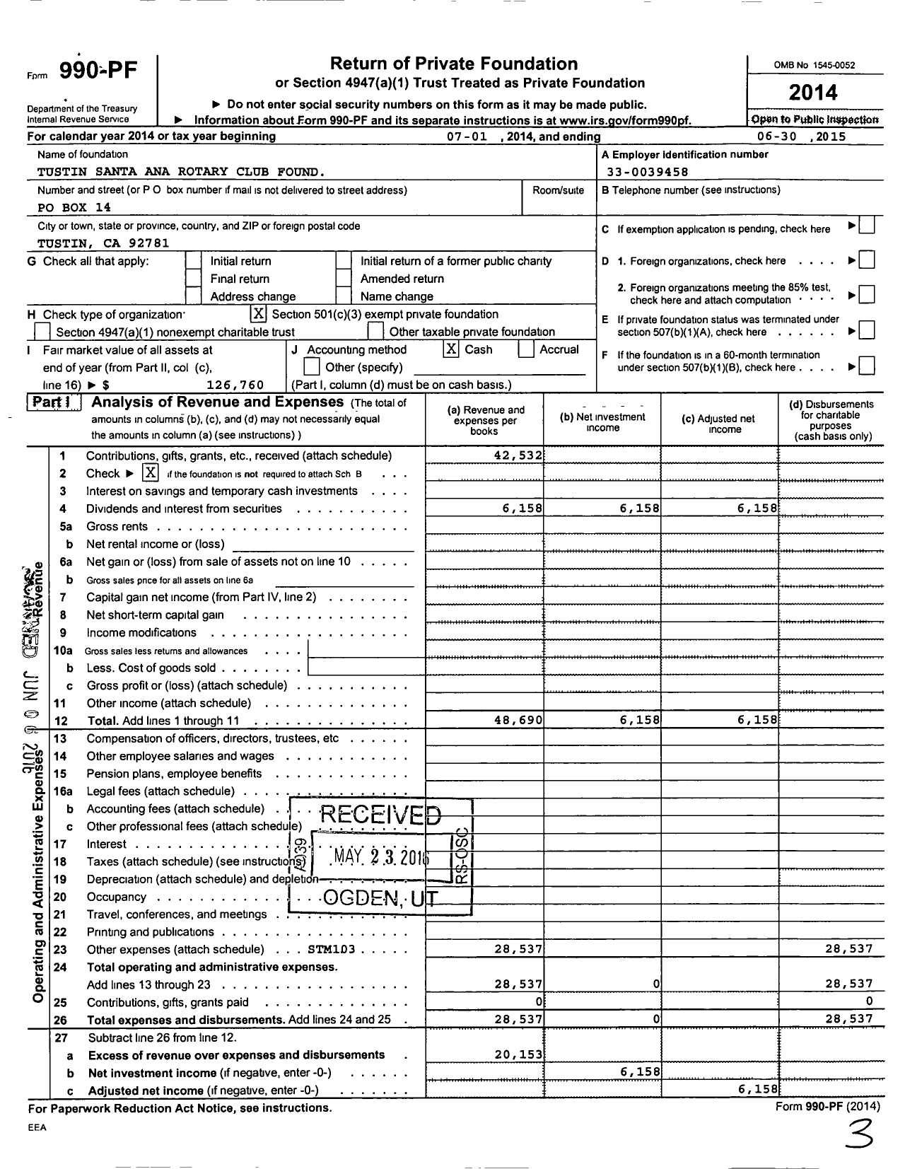 Image of first page of 2014 Form 990PF for Tustin Santa Ana Rotary Club Found