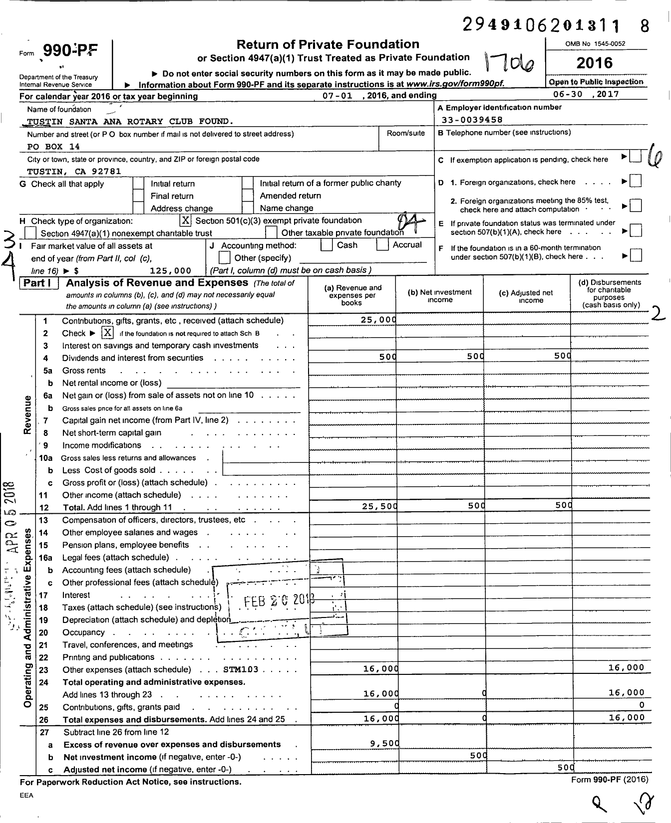 Image of first page of 2016 Form 990PF for Tustin Santa Ana Rotary Club Found