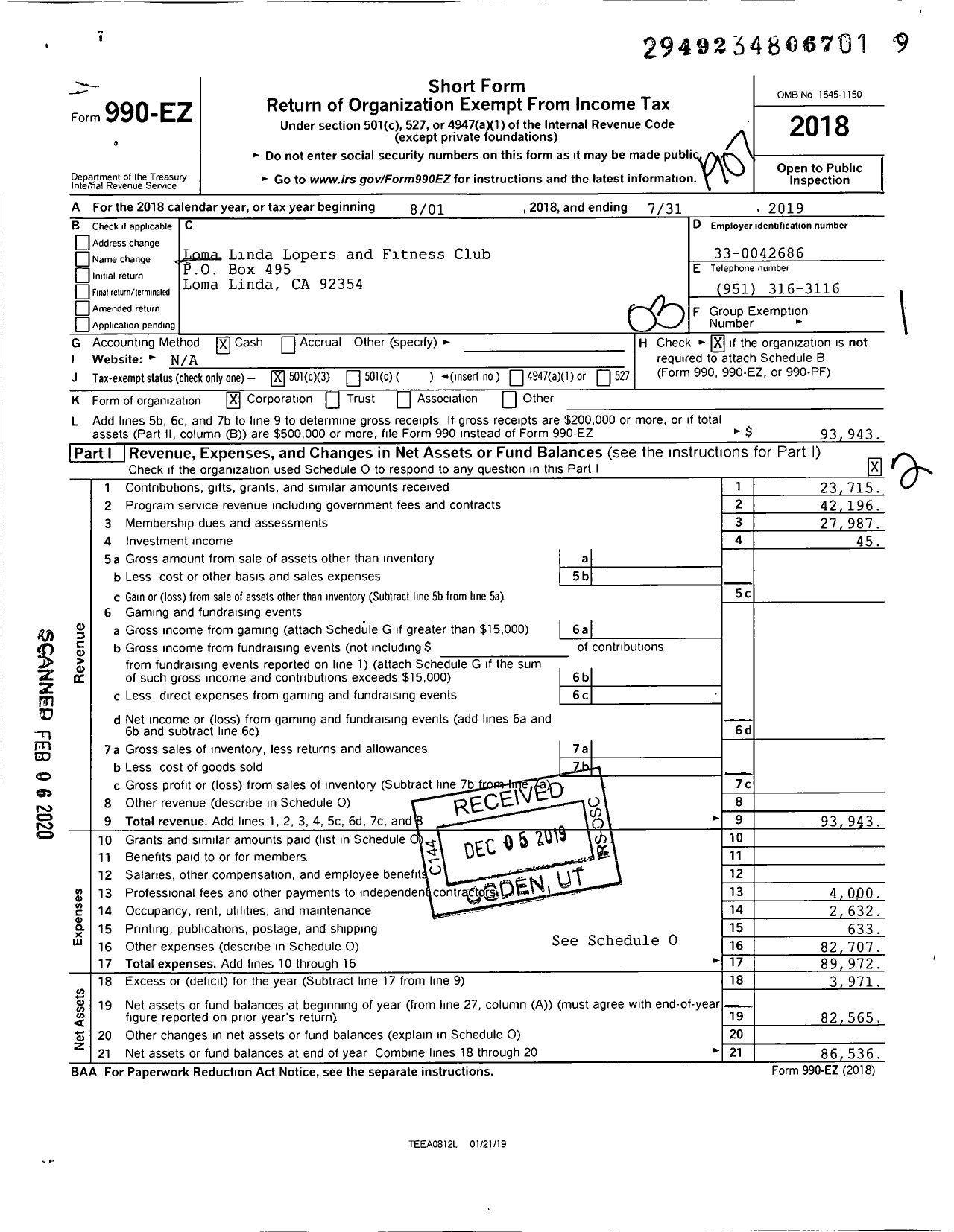 Image of first page of 2018 Form 990EZ for Loma Linda Lopers and Fitness Club