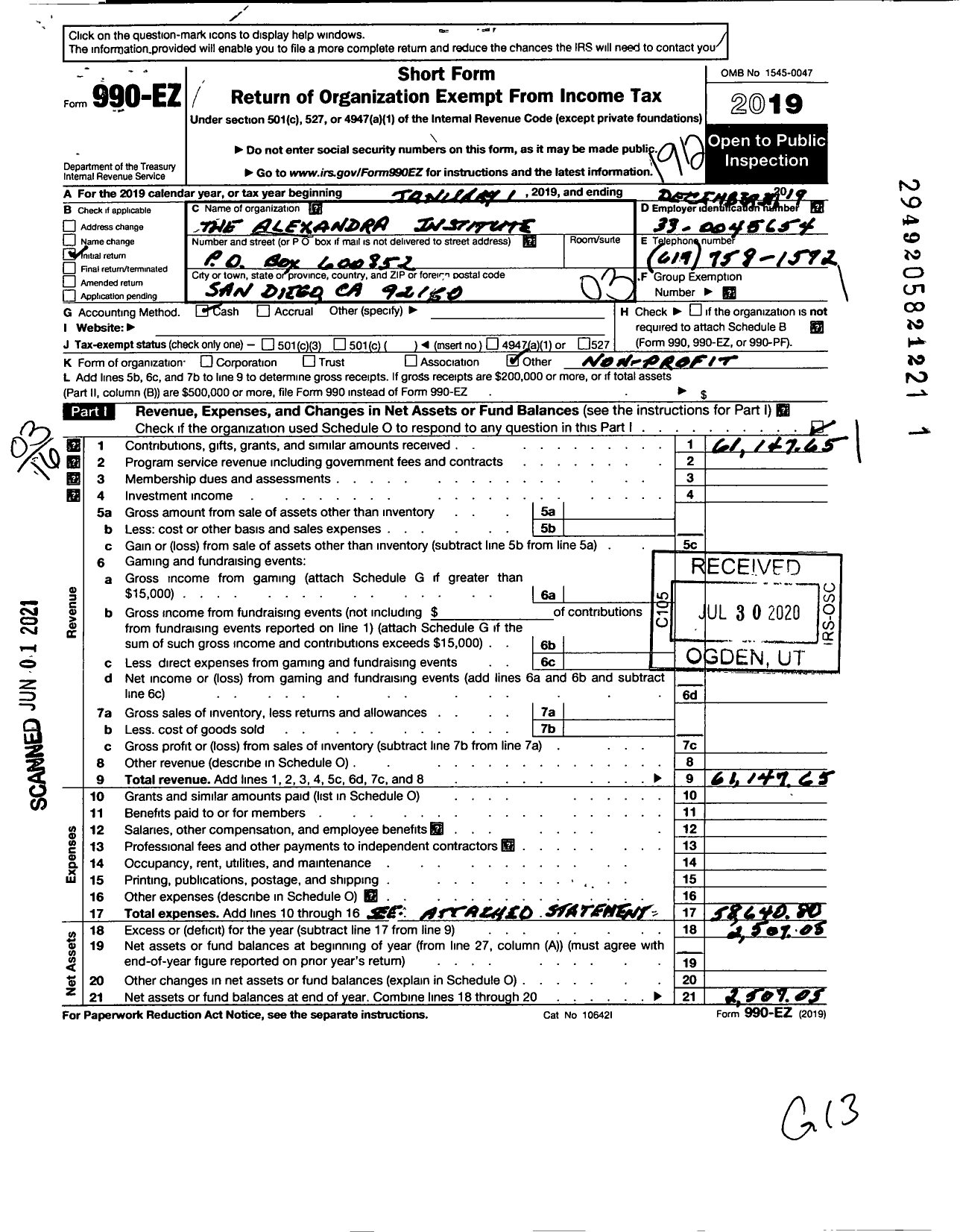 Image of first page of 2019 Form 990EZ for The Alexandra Institute