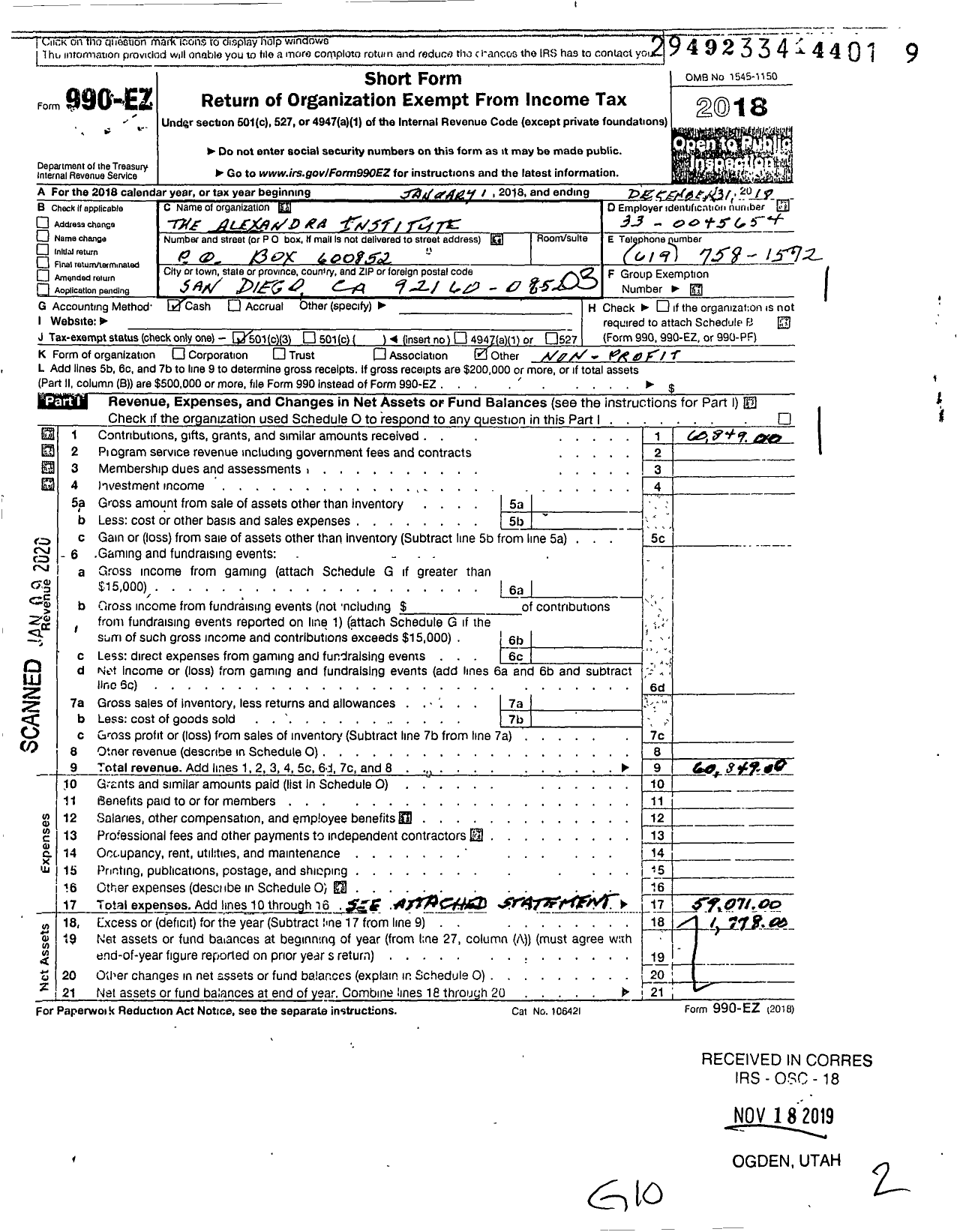 Image of first page of 2018 Form 990EZ for The Alexandra Institute
