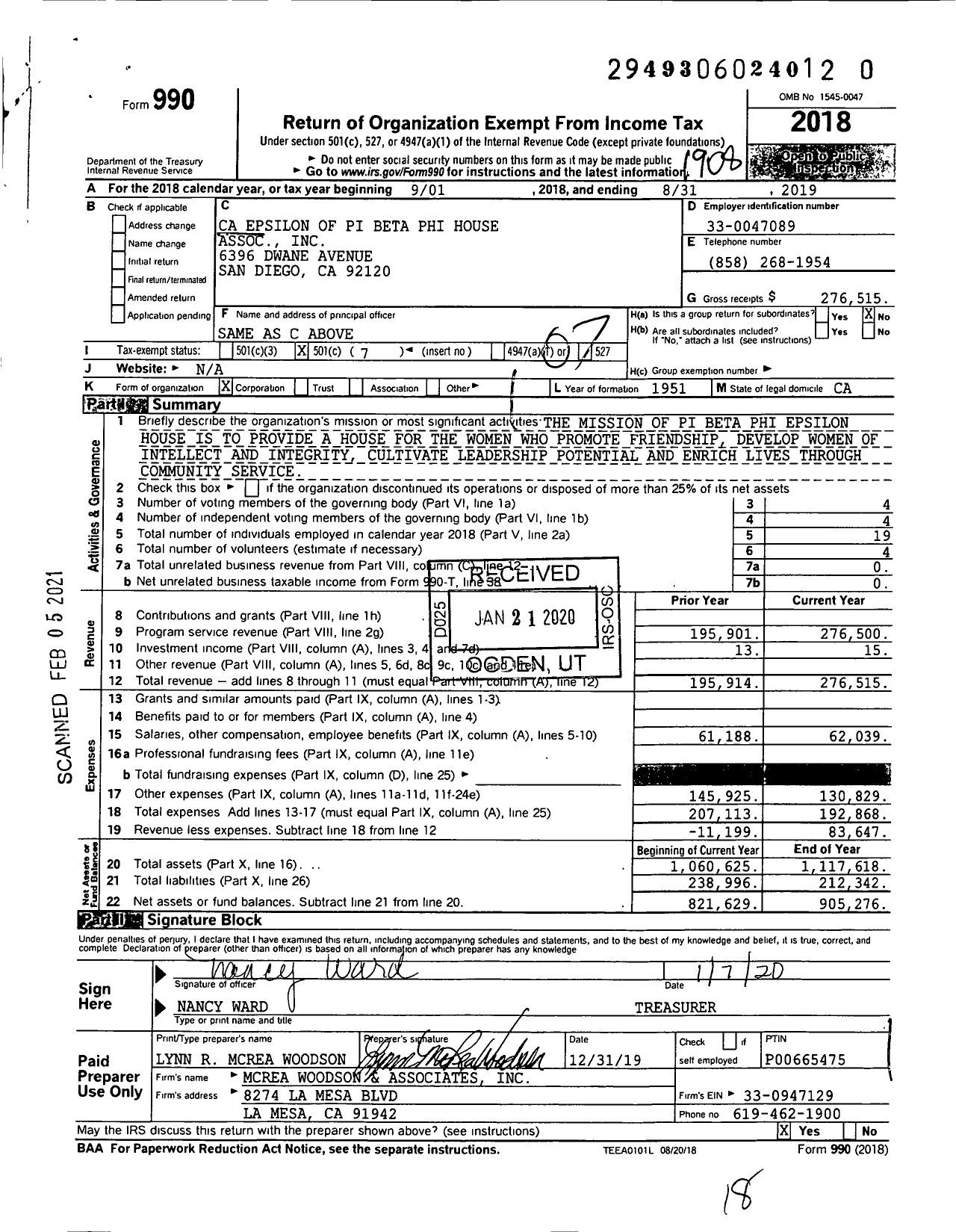 Image of first page of 2018 Form 990O for Ca Epsilon Of Pi Beta Phi House