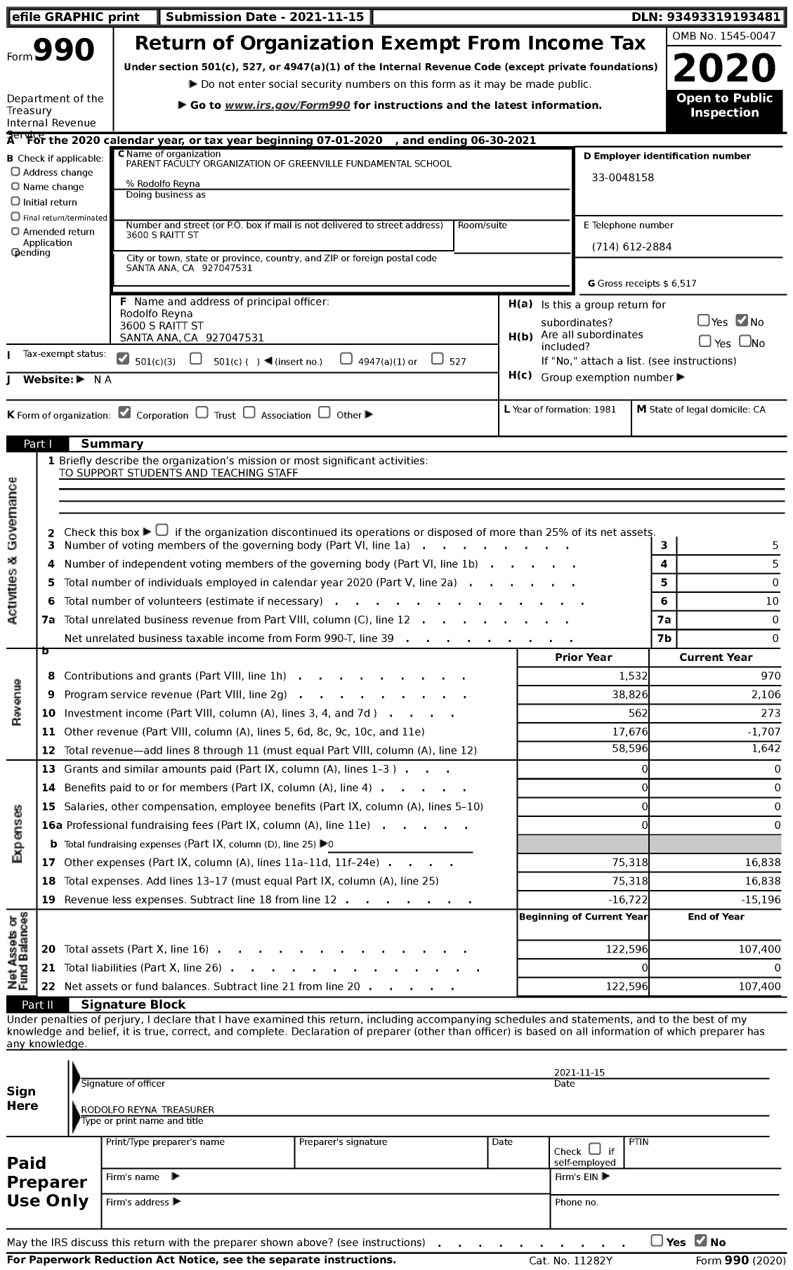 Image of first page of 2020 Form 990 for Parent Faculty Organization of Greenville Fundamental School