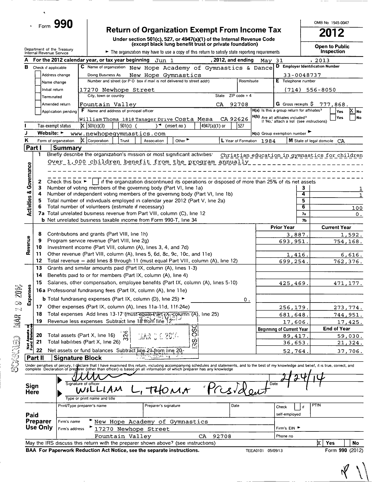 Image of first page of 2012 Form 990 for New Hope Academy of Gymnastics and Dance