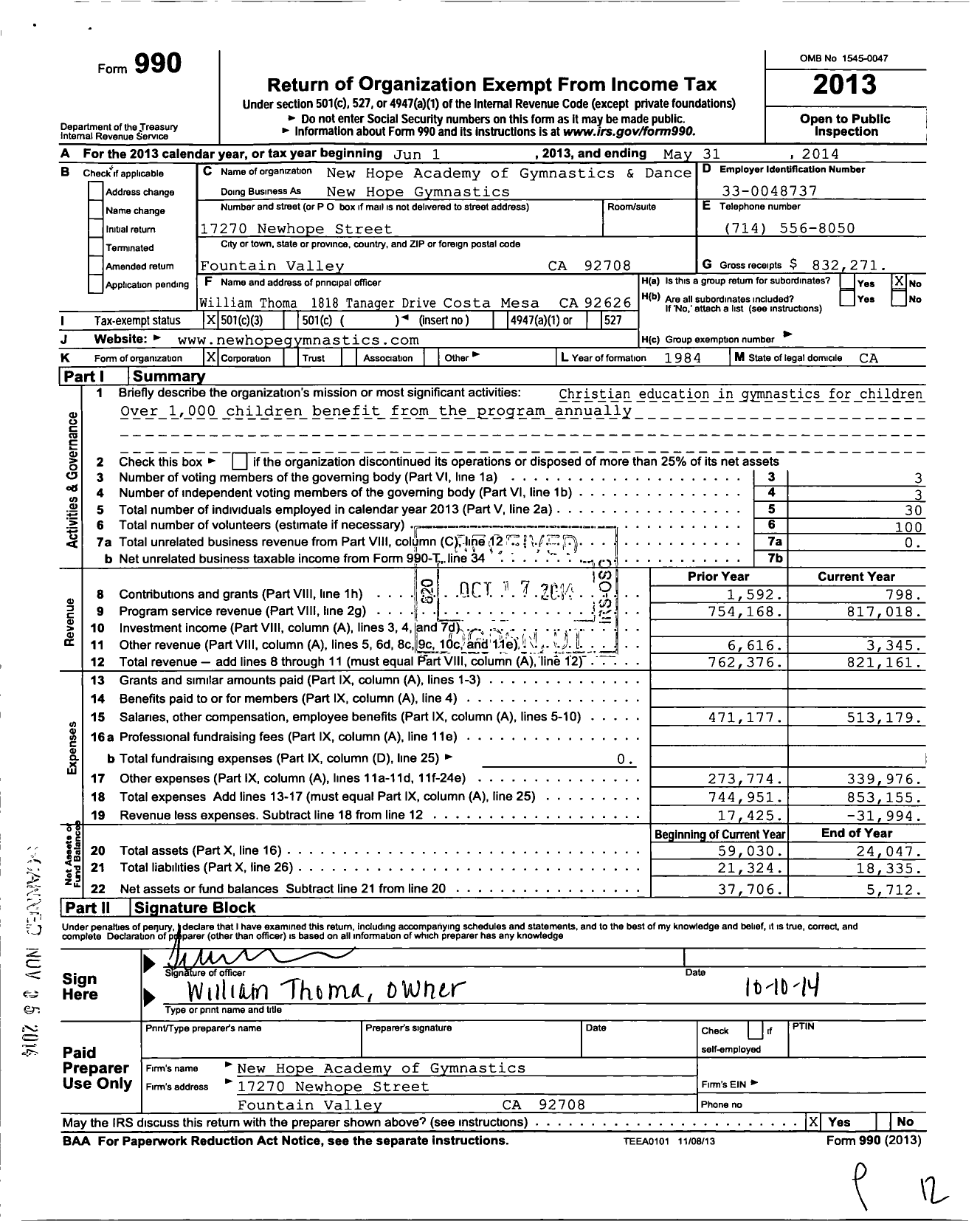 Image of first page of 2013 Form 990 for New Hope Academy of Gymnastics and Dance