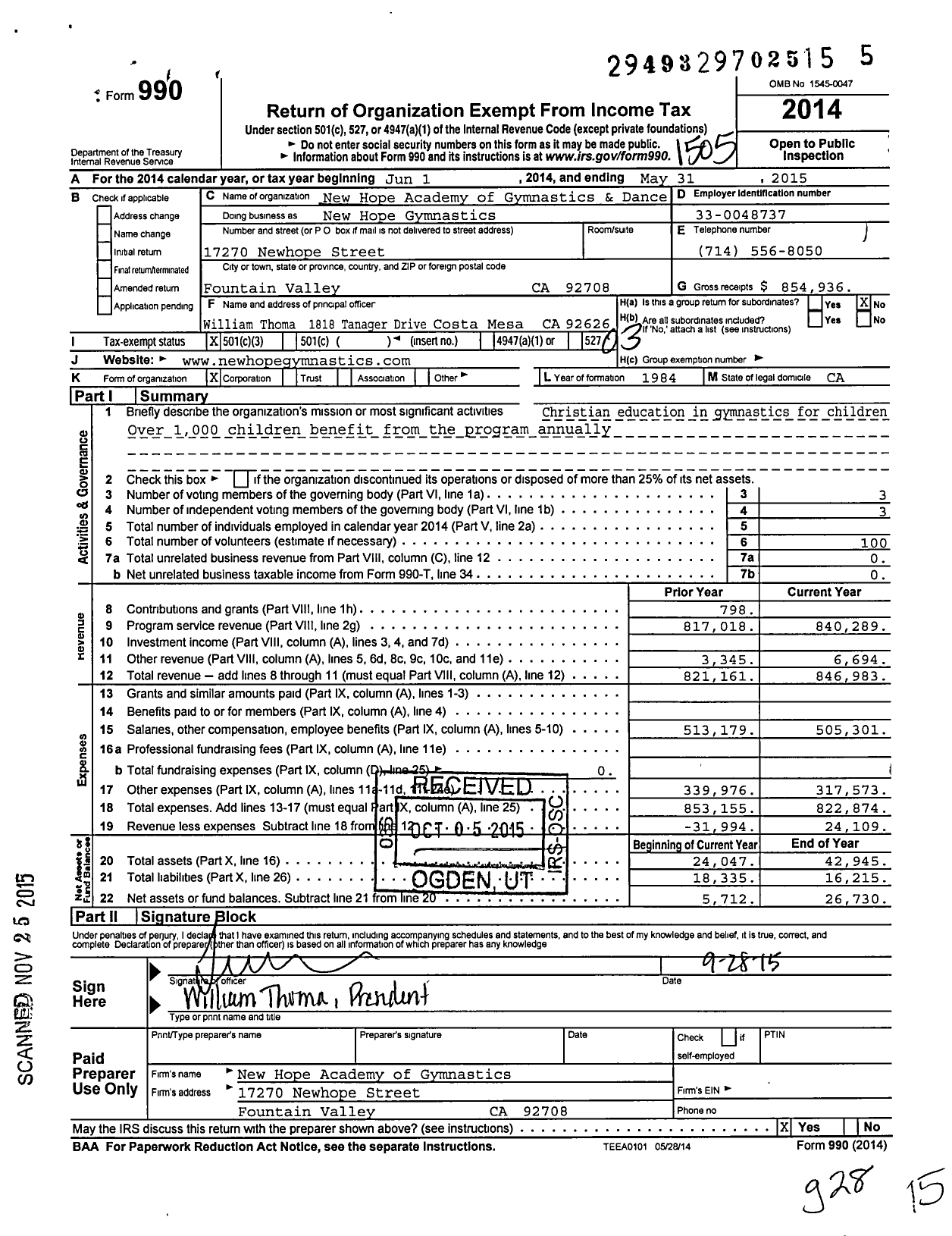 Image of first page of 2014 Form 990 for New Hope Academy of Gymnastics and Dance