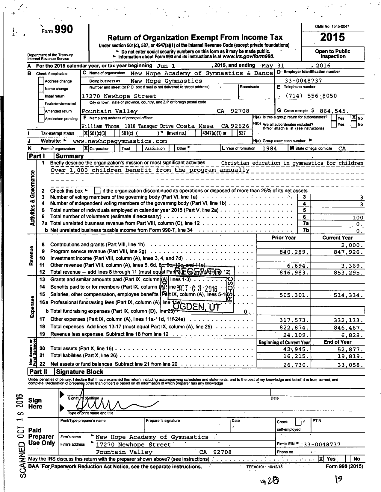 Image of first page of 2015 Form 990 for New Hope Academy of Gymnastics and Dance