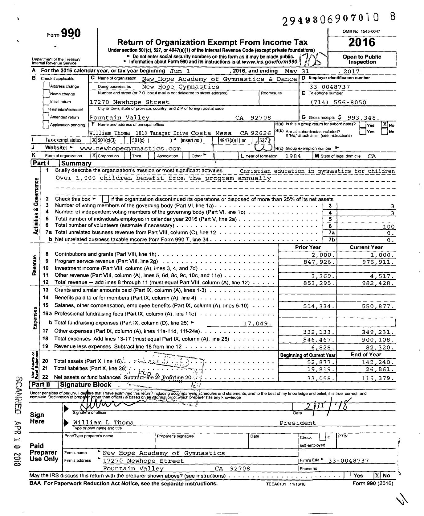 Image of first page of 2016 Form 990 for New Hope Academy of Gymnastics and Dance