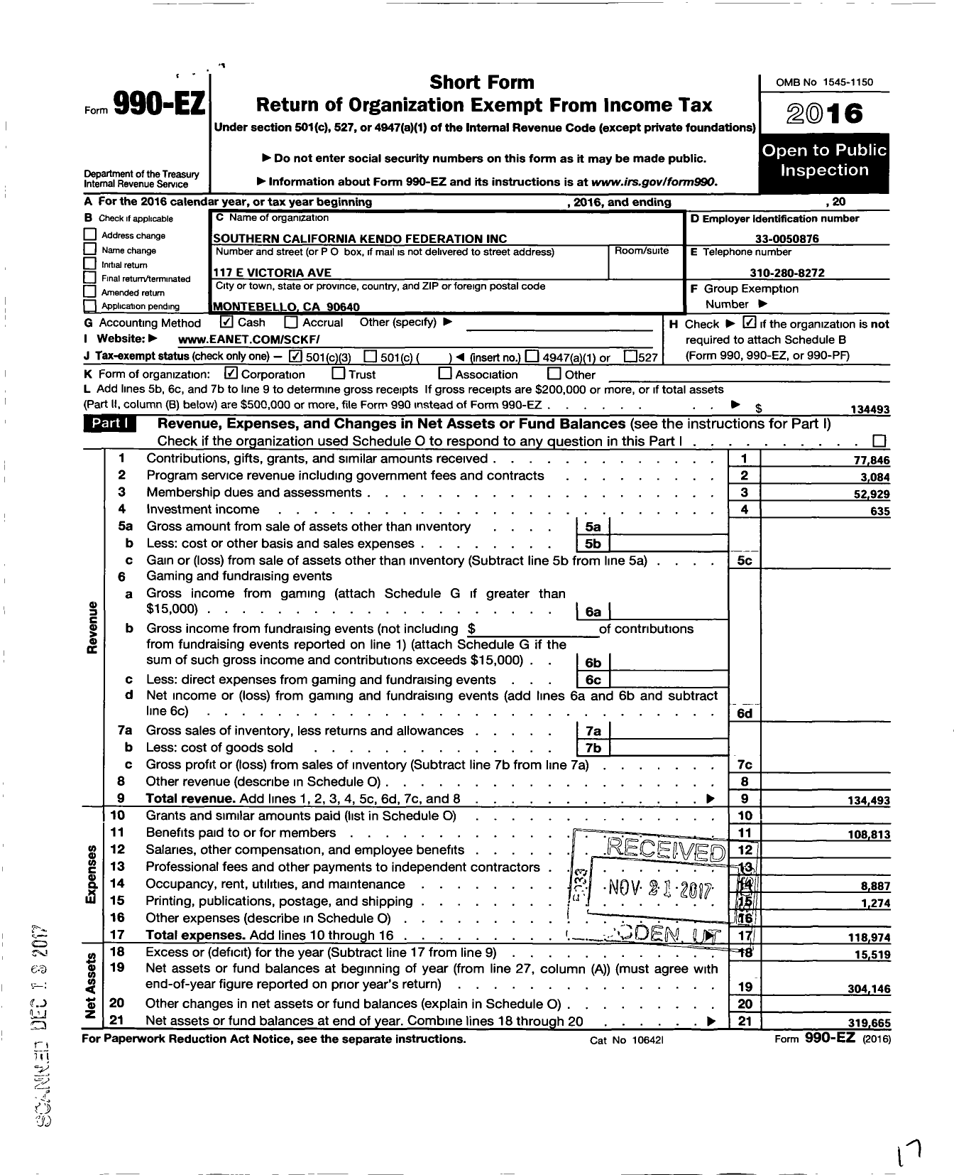 Image of first page of 2016 Form 990EZ for Southern California Kendo Federation