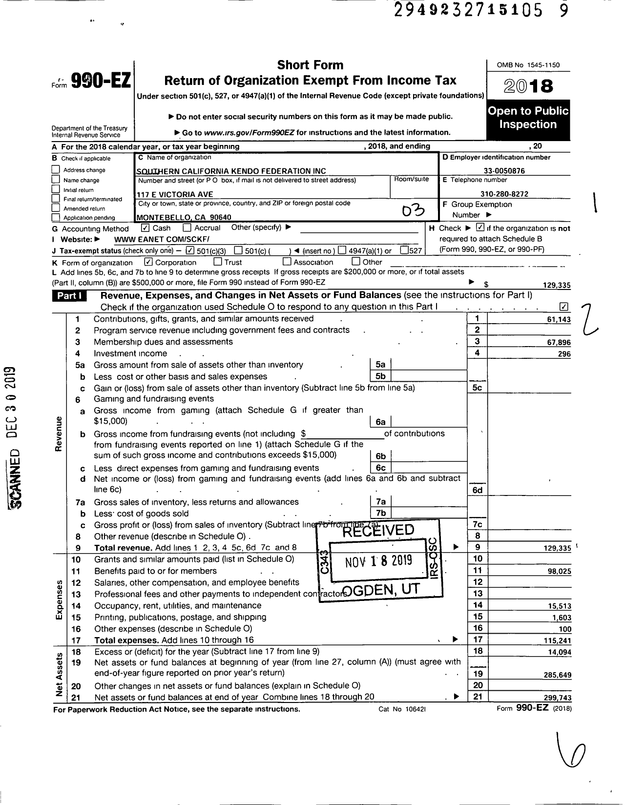 Image of first page of 2018 Form 990EZ for Southern California Kendo Federation