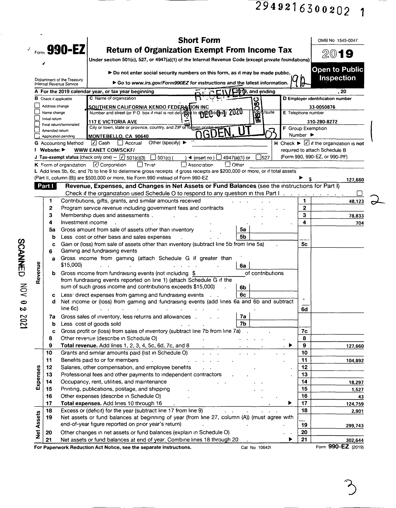 Image of first page of 2019 Form 990EZ for Southern California Kendo Federation