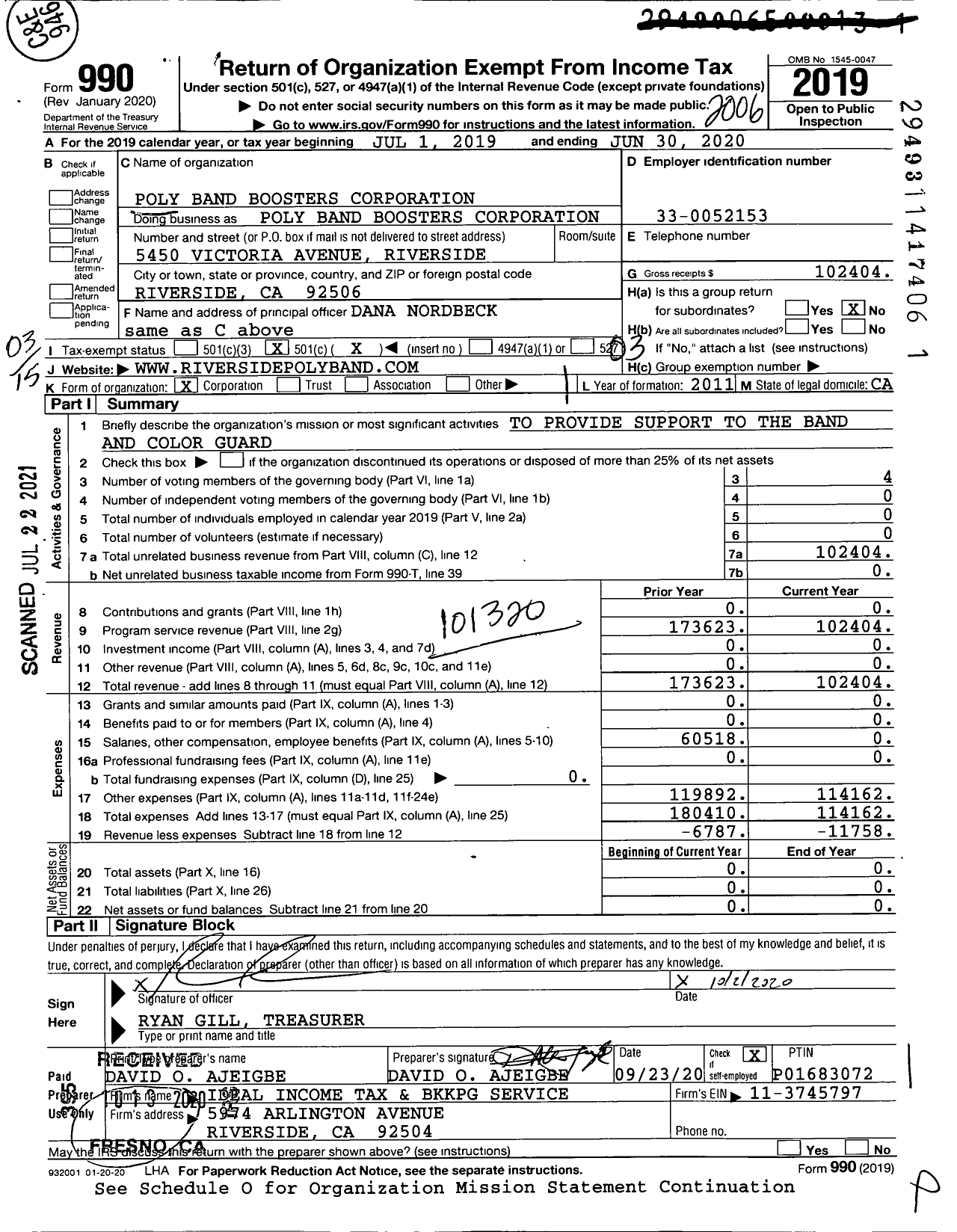 Image of first page of 2019 Form 990 for Poly Band Boosters Corporation