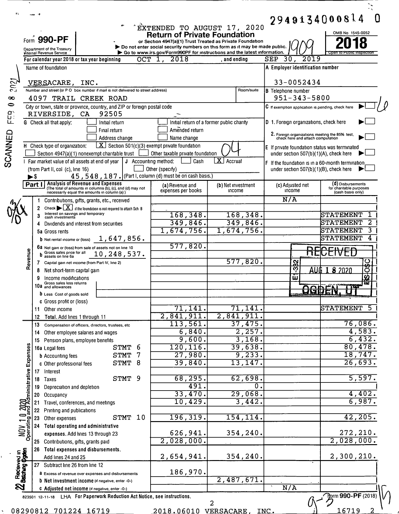 Image of first page of 2018 Form 990PF for Versacare