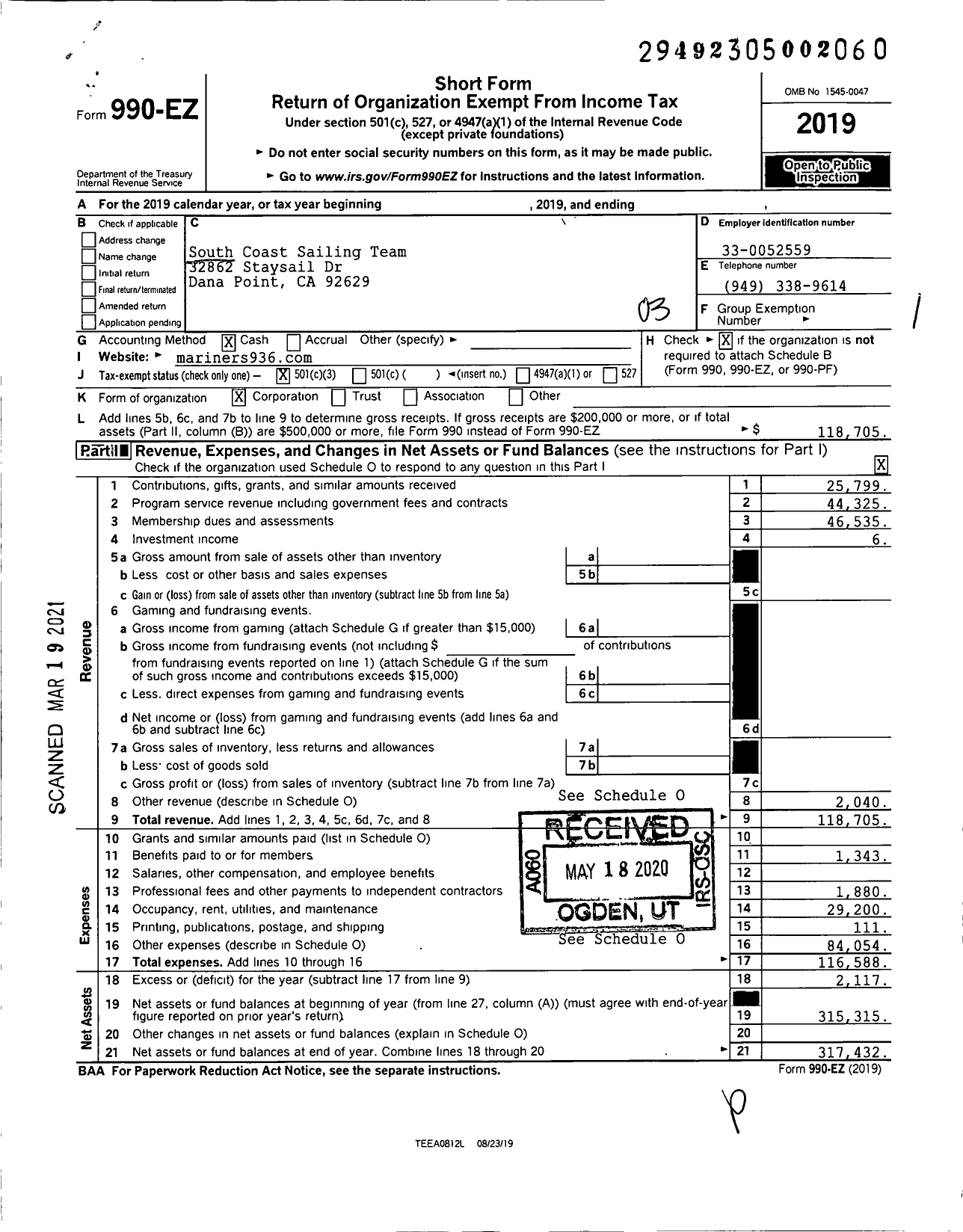 Image of first page of 2019 Form 990EZ for South Coast Sailing Team