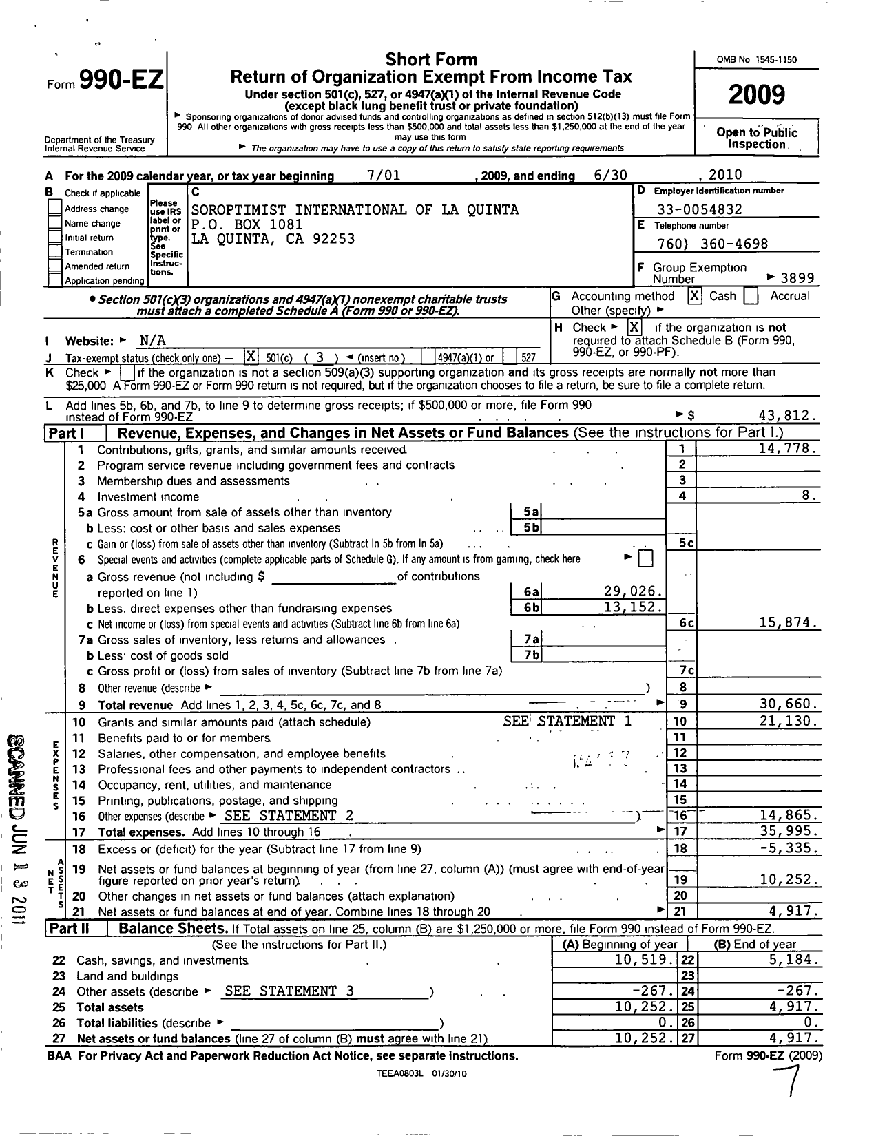 Image of first page of 2009 Form 990EZ for Soroptimist International of the Americas - 114338 La Quinta Ca