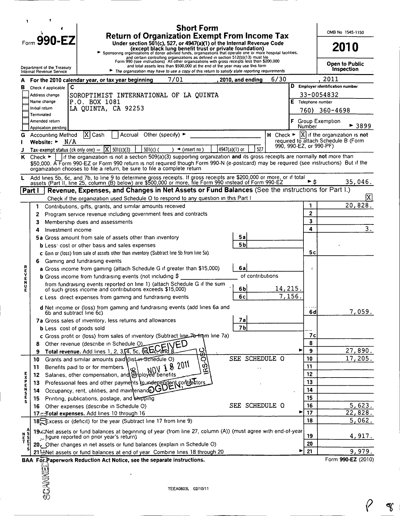 Image of first page of 2010 Form 990EZ for Soroptimist International of the Americas - 114338 La Quinta Ca