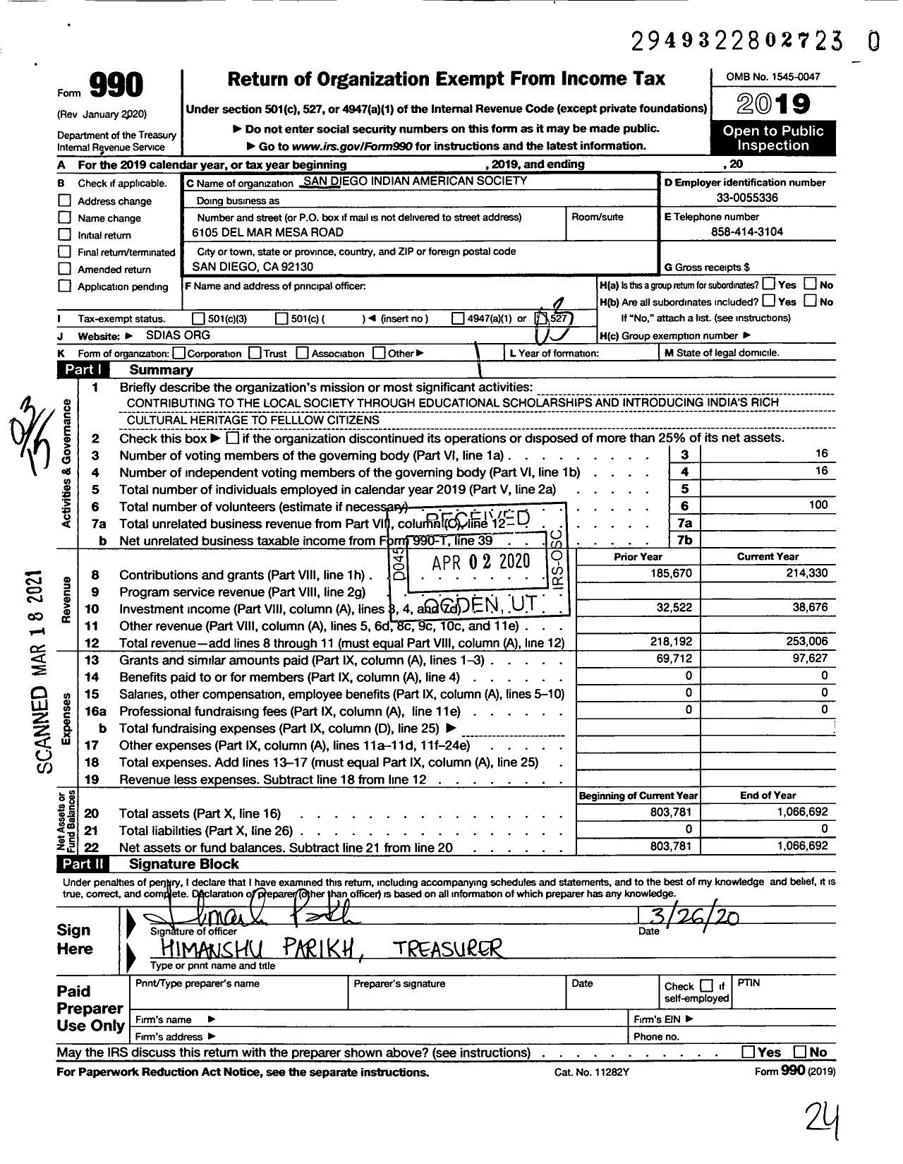 Image of first page of 2019 Form 990 for San Diego Indian American Society