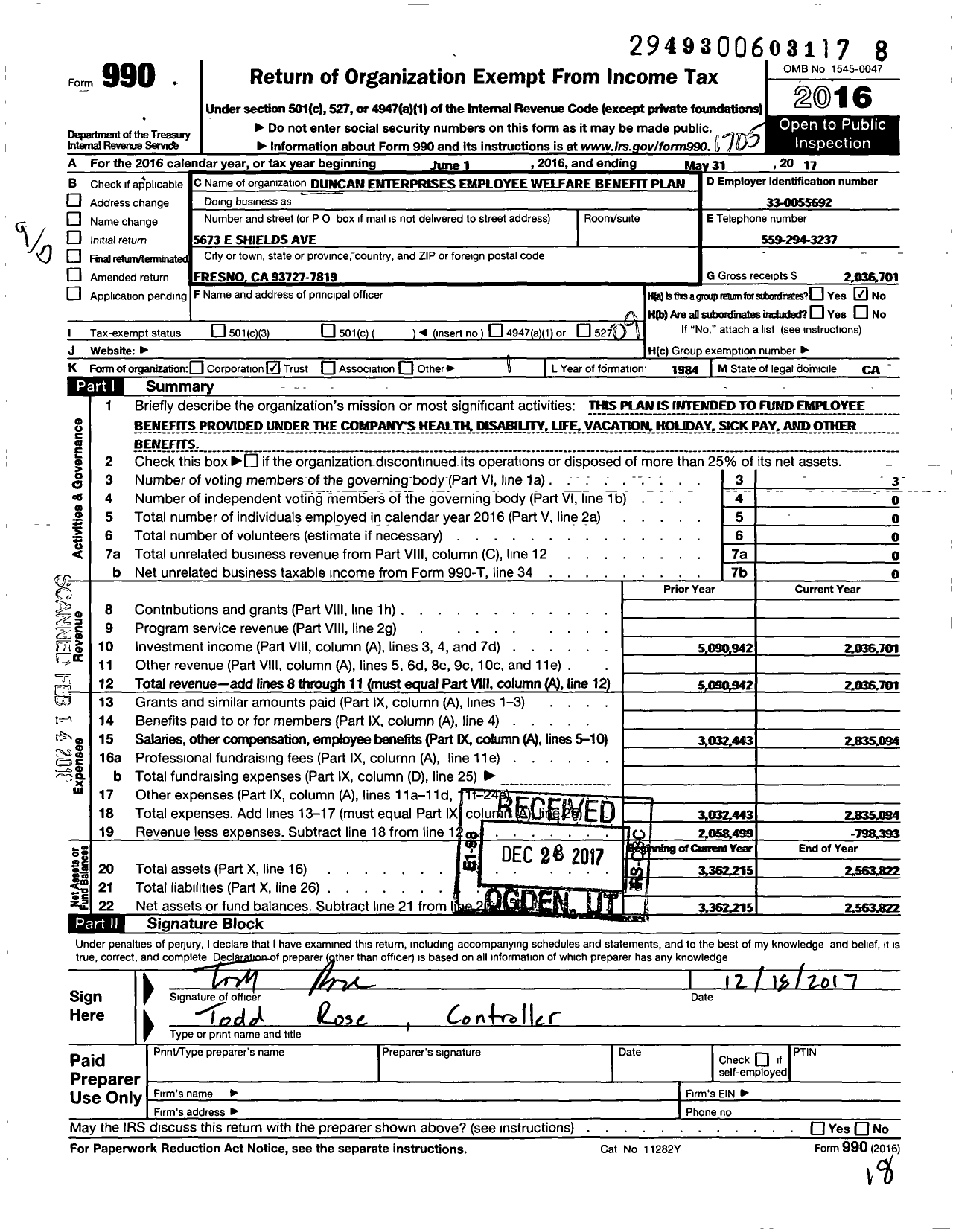 Image of first page of 2016 Form 990O for Duncan Enterprises Employee Welfare Benefit Plan
