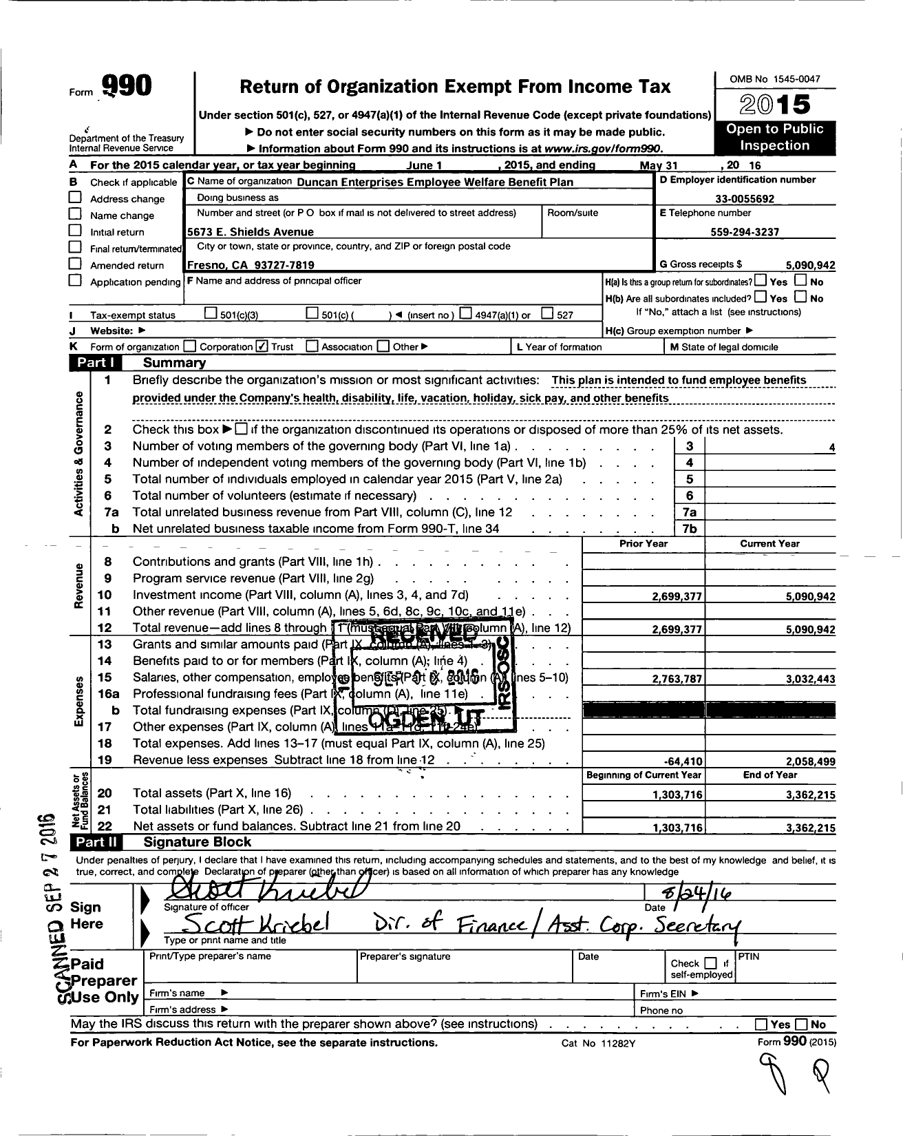 Image of first page of 2015 Form 990O for Duncan Enterprises Employee Welfare Benefit Plan