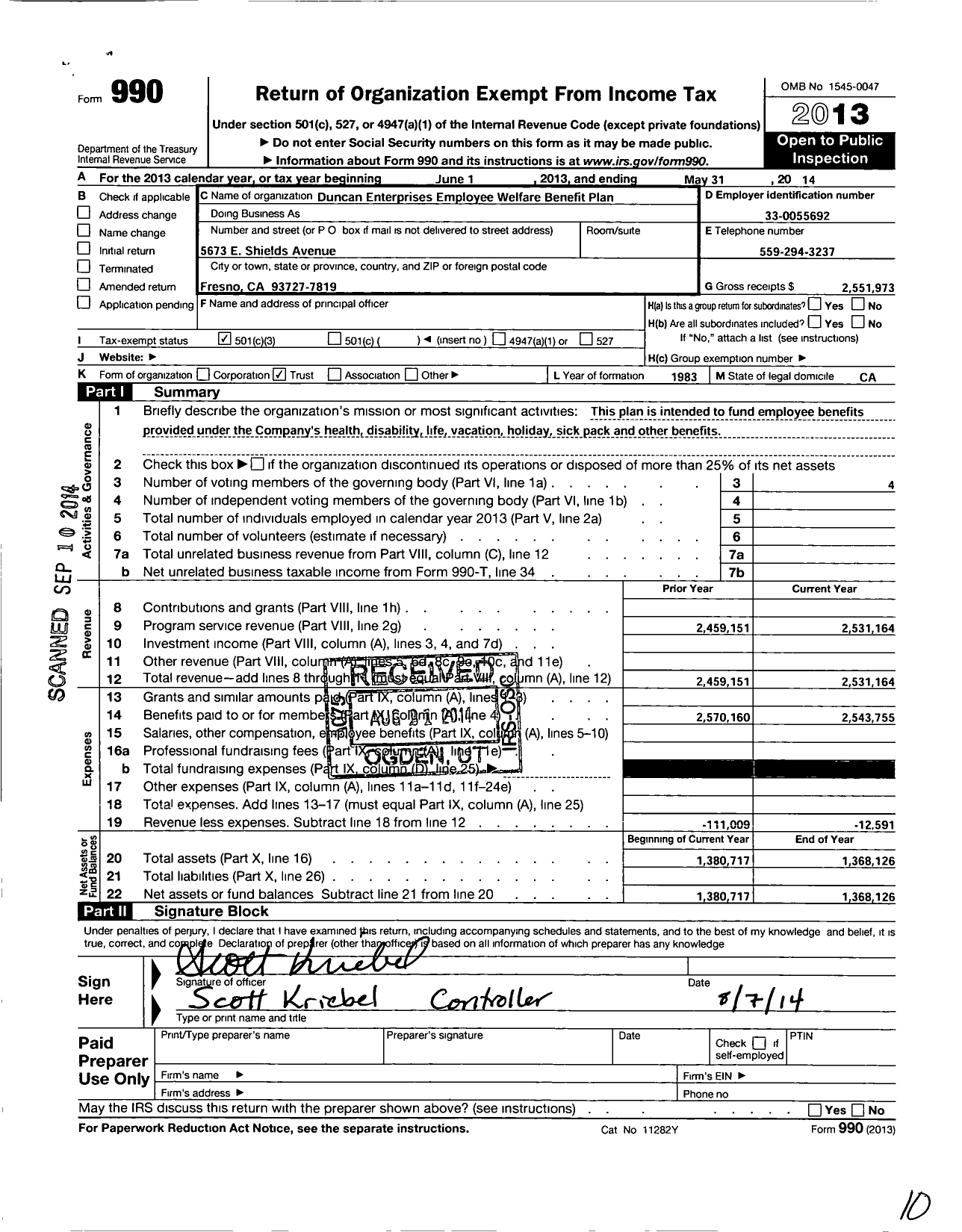 Image of first page of 2013 Form 990 for Duncan Enterprises Employee Welfare Benefit Plan