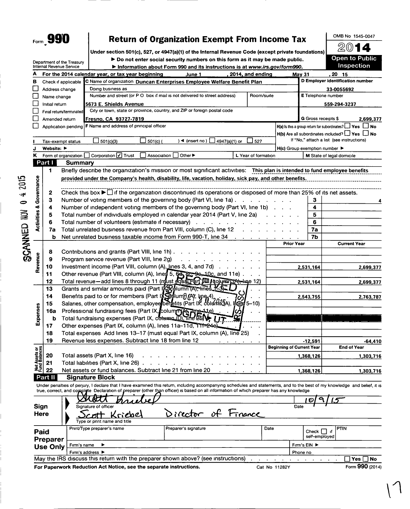 Image of first page of 2014 Form 990O for Duncan Enterprises Employee Welfare Benefit Plan