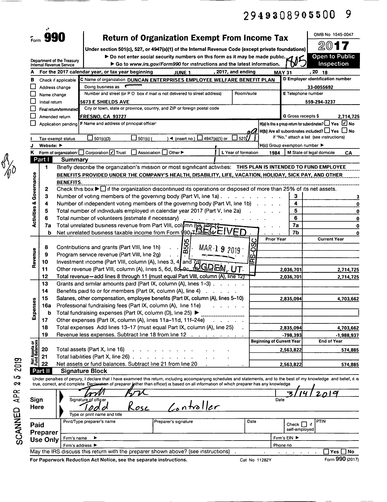Image of first page of 2017 Form 990O for Duncan Enterprises Employee Welfare Benefit Plan
